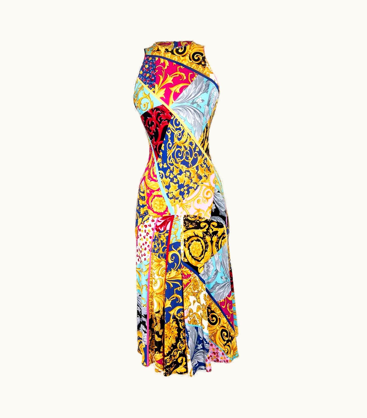 Gianni Versace Couture S/S 1991 Gianni Versace Patchwork Pattern Midi Dress