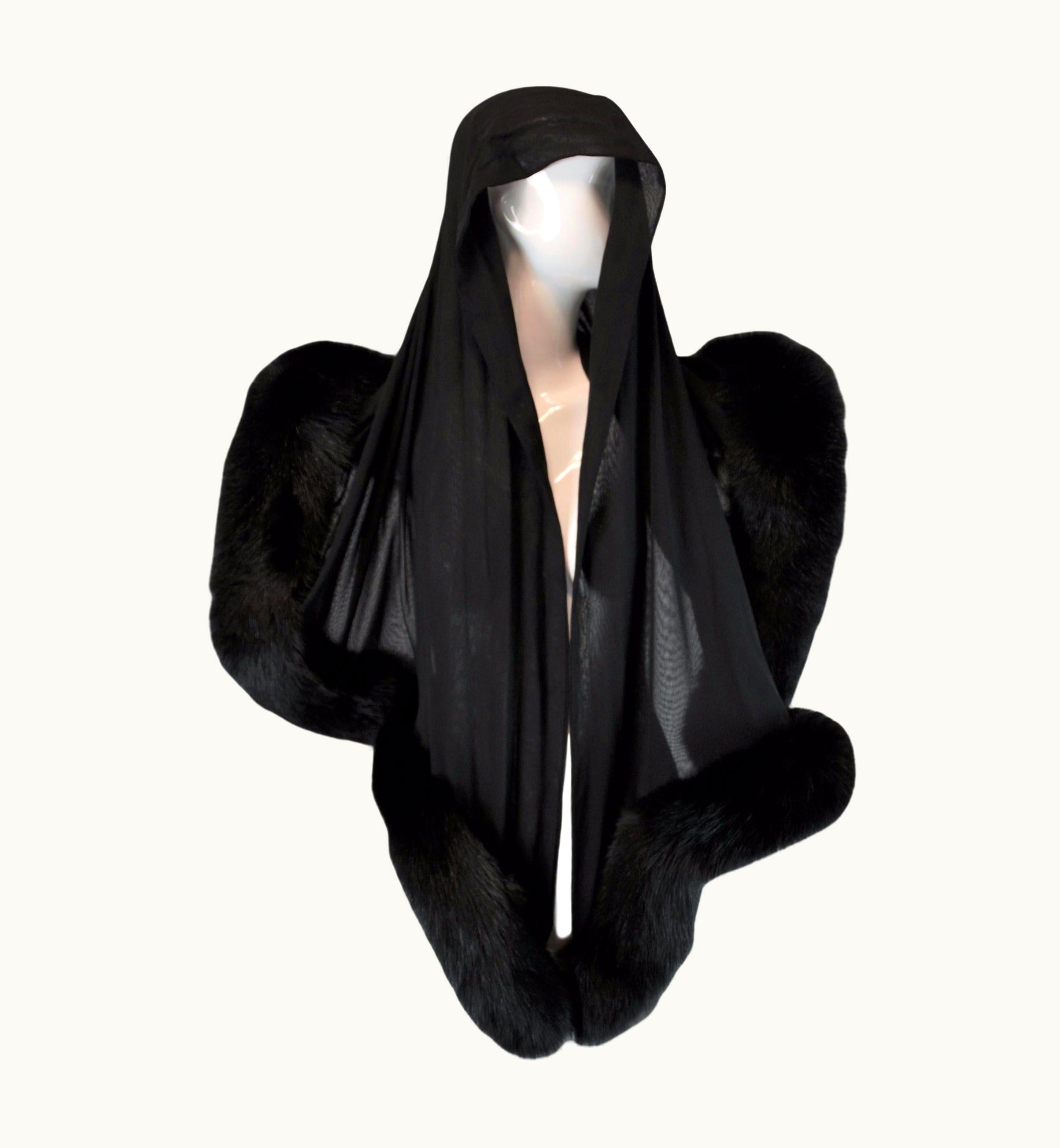 Versace Vintage 1998 Atelier Versace Black Silk & Fur Wrap Shawl Scarf
