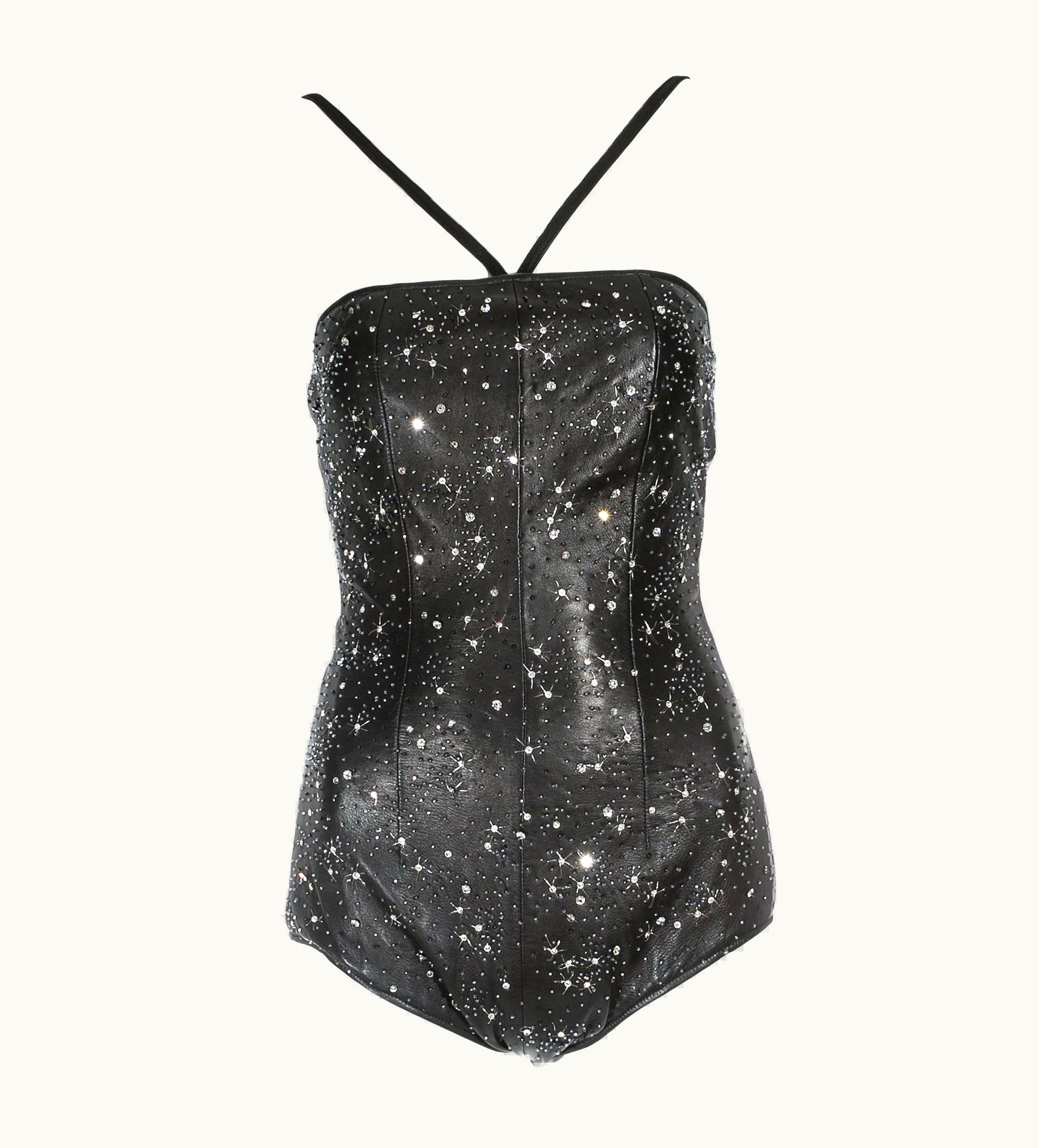 Gianni Versace Couture Gianni Versace Black Leather Embellished Bodysuit, S/S 1998