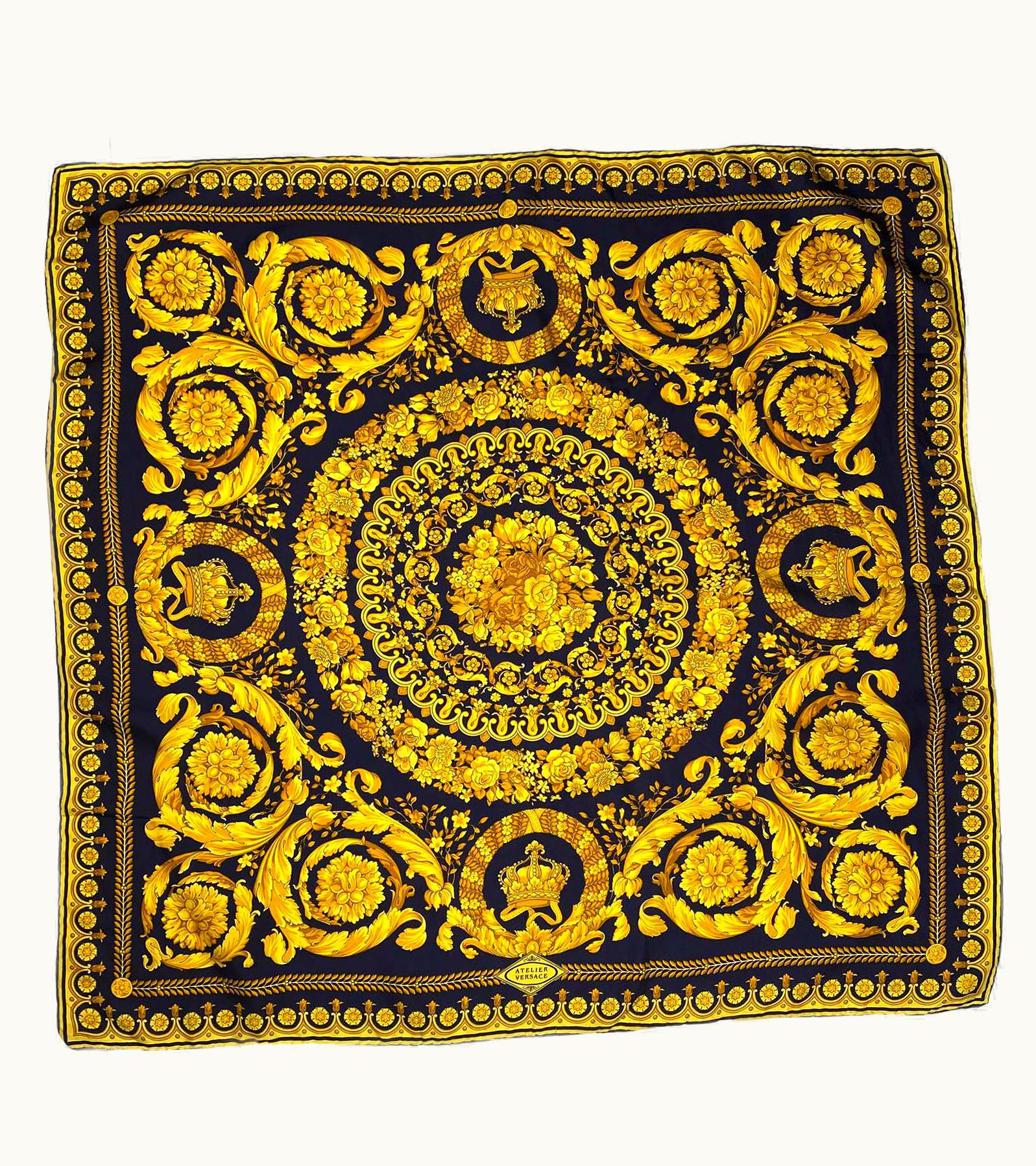 Versace Early 1990s Atelier Versace Navy Gold Baroque Print Silk Square Scarf