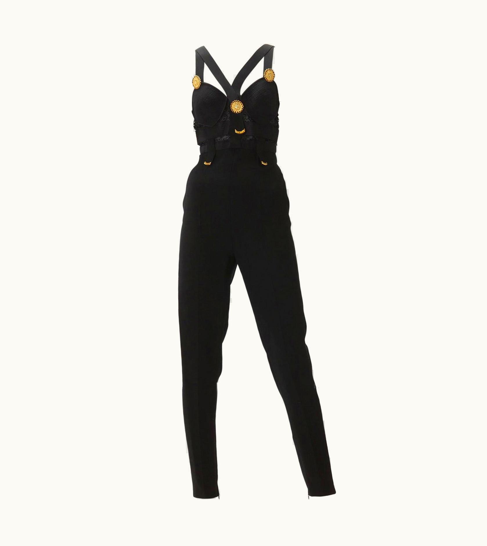 Gianni Versace Couture 1992 Gianni Versace Bondage Black Wool Jumpsuit With Medallions