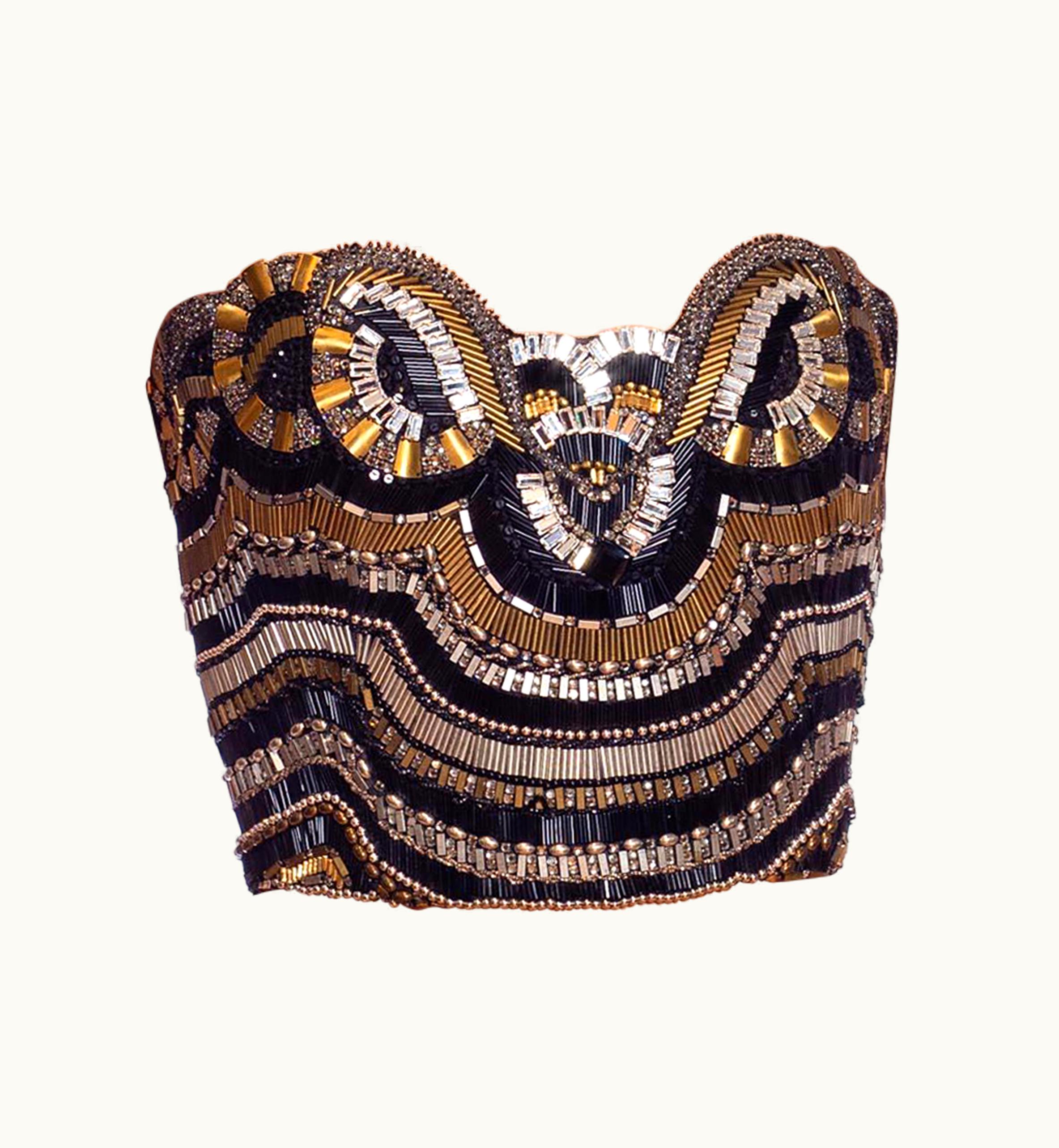 Gianni Versace Couture 1990s Gianni Versace Black, Silver & Gold Beaded Silk Strapless Bustier