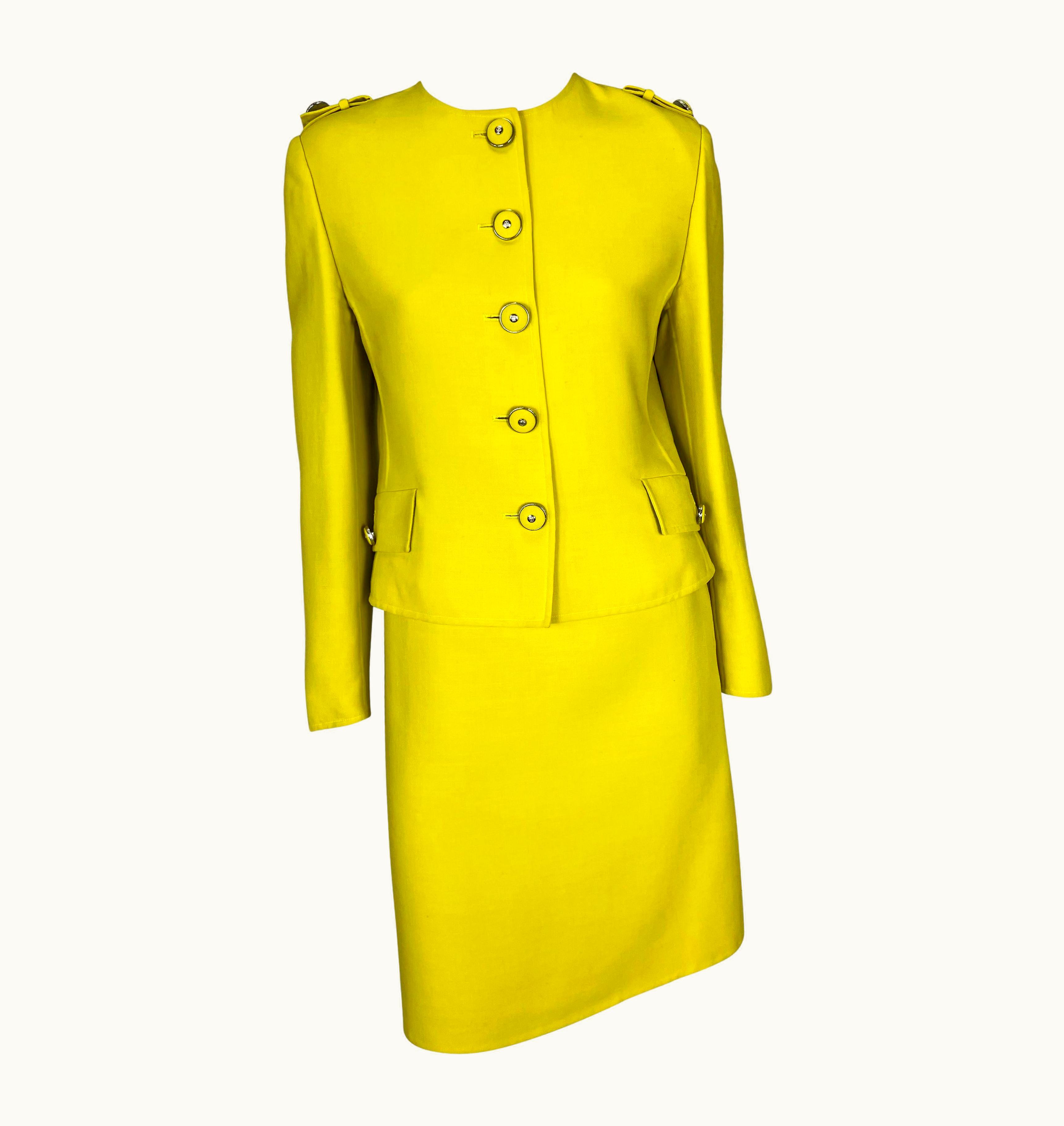 Gianni Versace Couture 1996 Gianni Versace Couture Yellow Medusa Button Skirt Suit