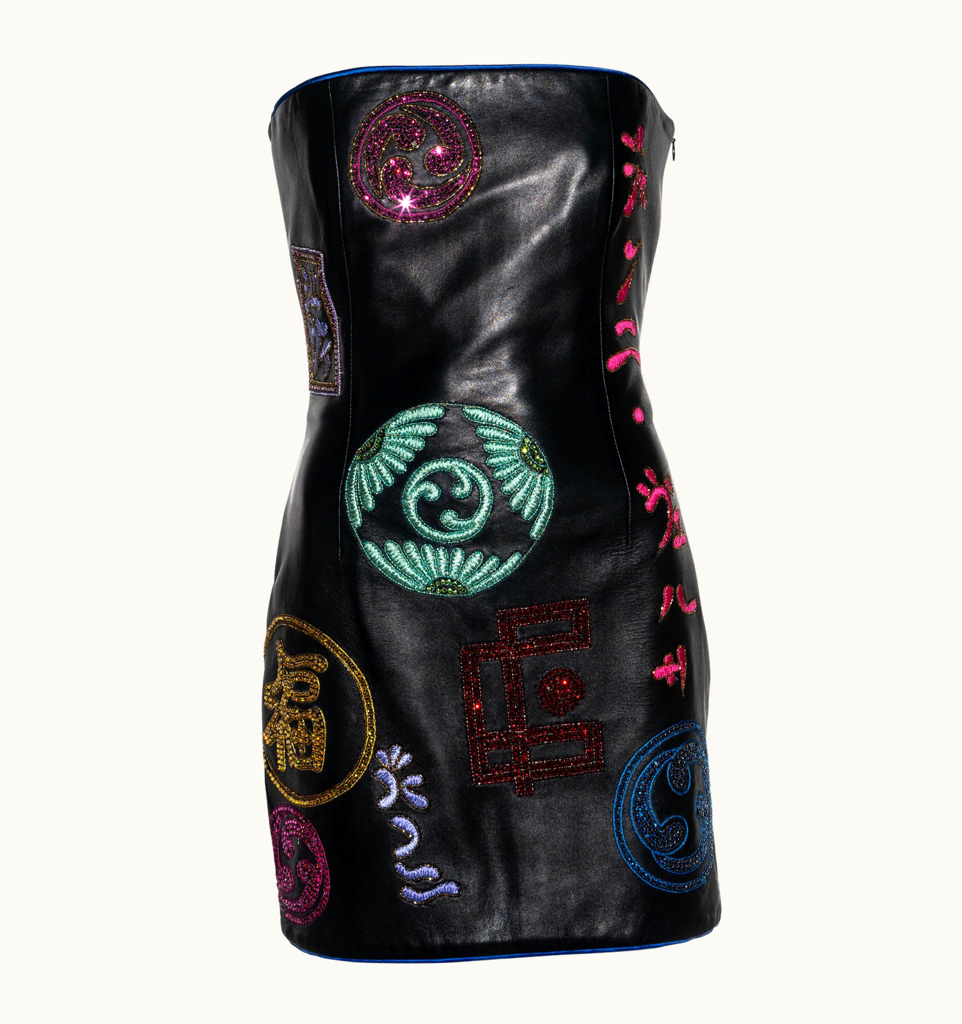 Versace Atelier Versace Black Leather Strapless Embellished Mini Dress, AW 1997