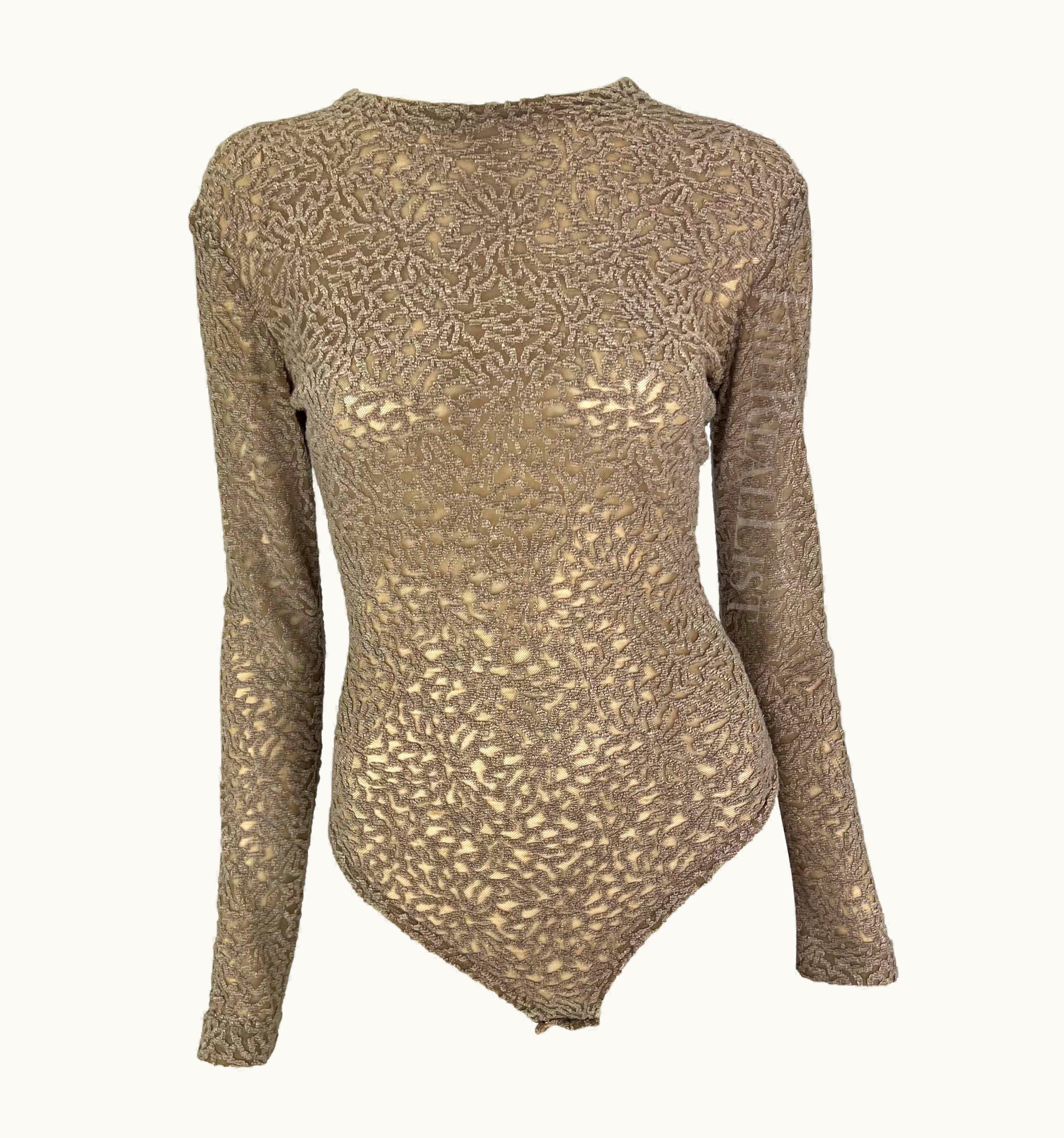 Gianni Versace Couture 1990s Gianni Versace Sheer Tan Burnout Abstract Chenille Velvet Bodysuit