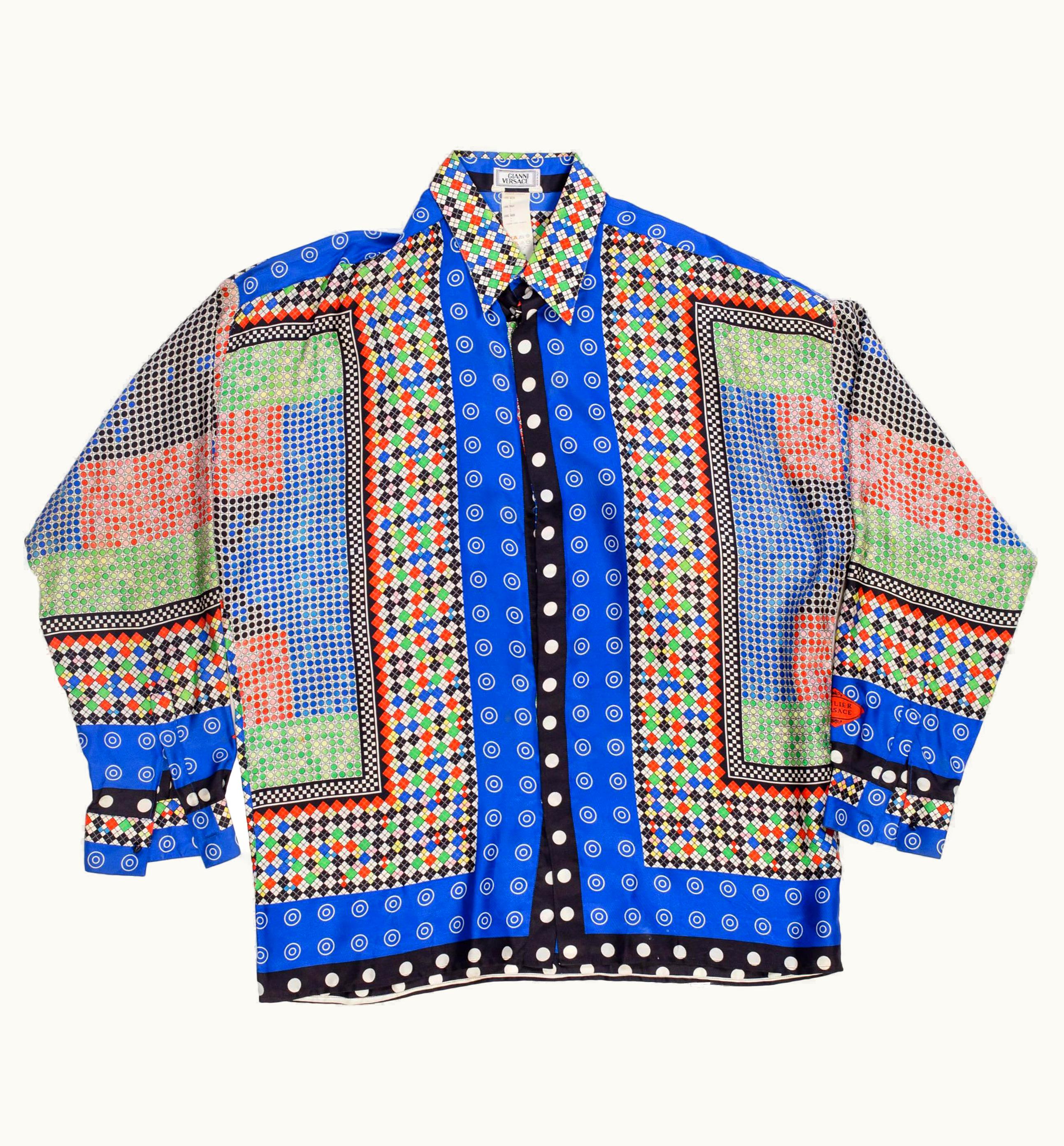 Gianni Versace Couture 1990s Gianni Versace Multicolor Geometric Silk Men' Shirt UZ0578038
