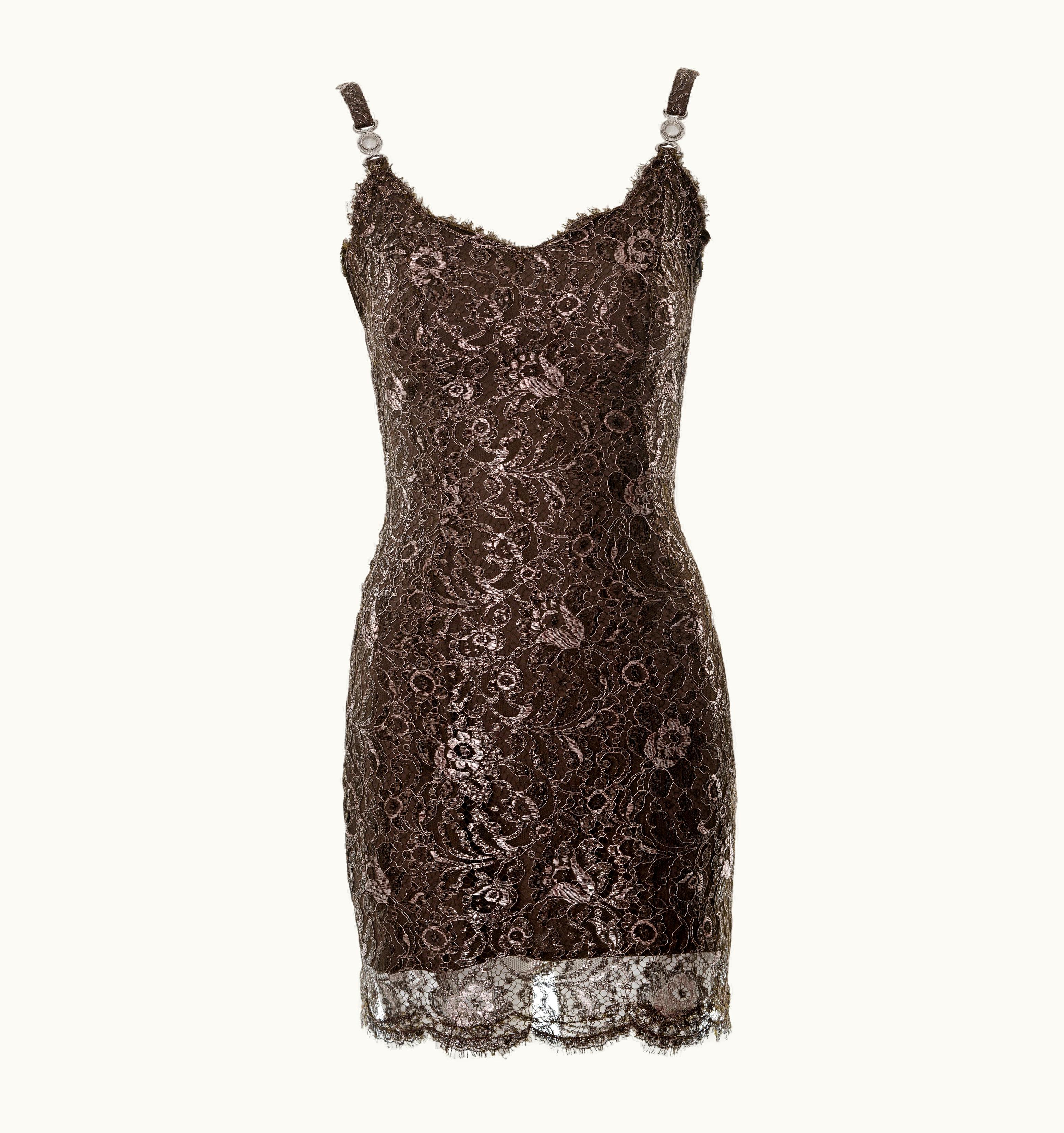 Gianni Versace Couture Gianni Versace Metallic Brown Lace Evening Mini Dress, AW 1996