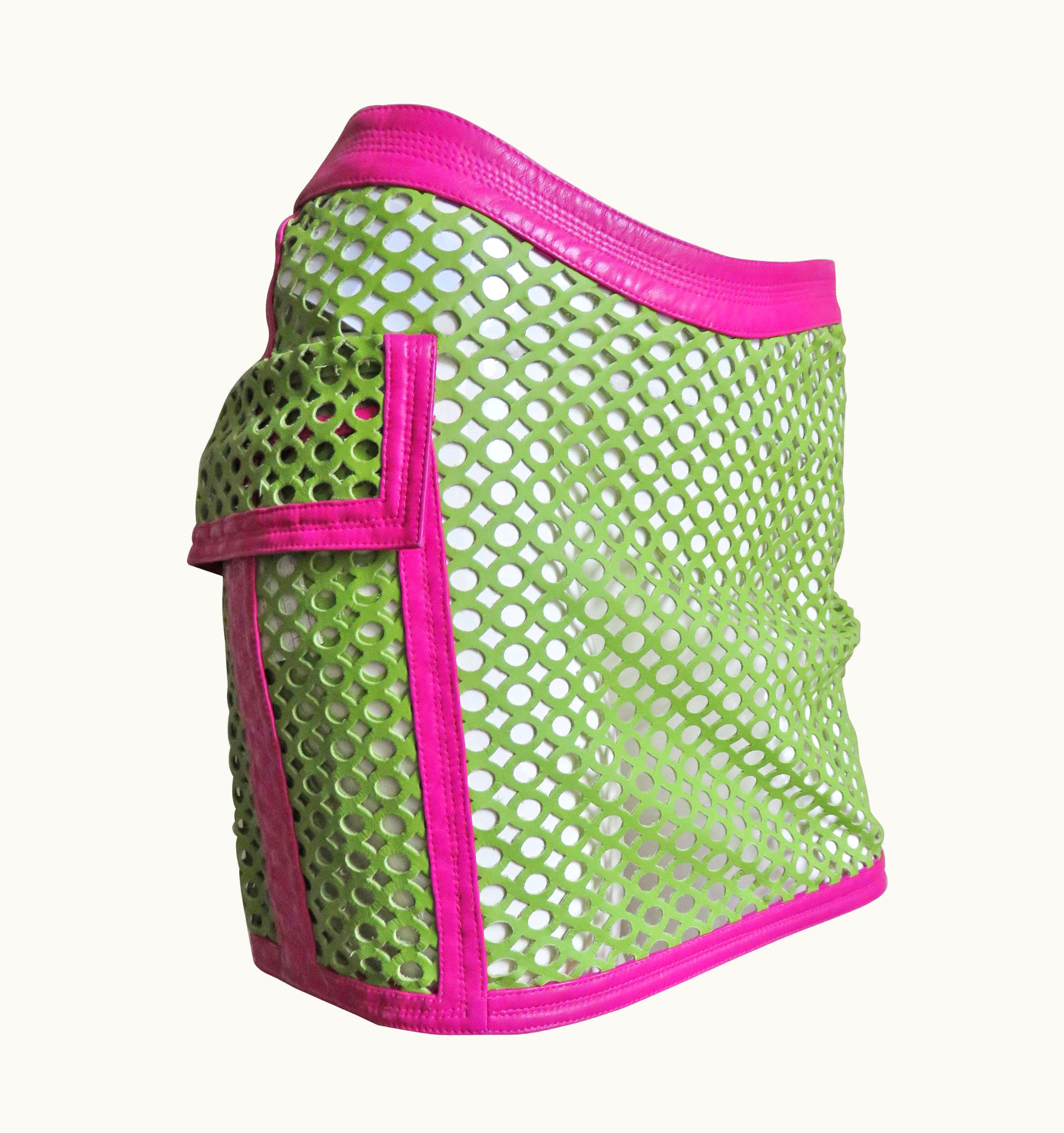 Gianni Versace Couture Gianni Versace Perforated Leather Color Block Mini Skirt