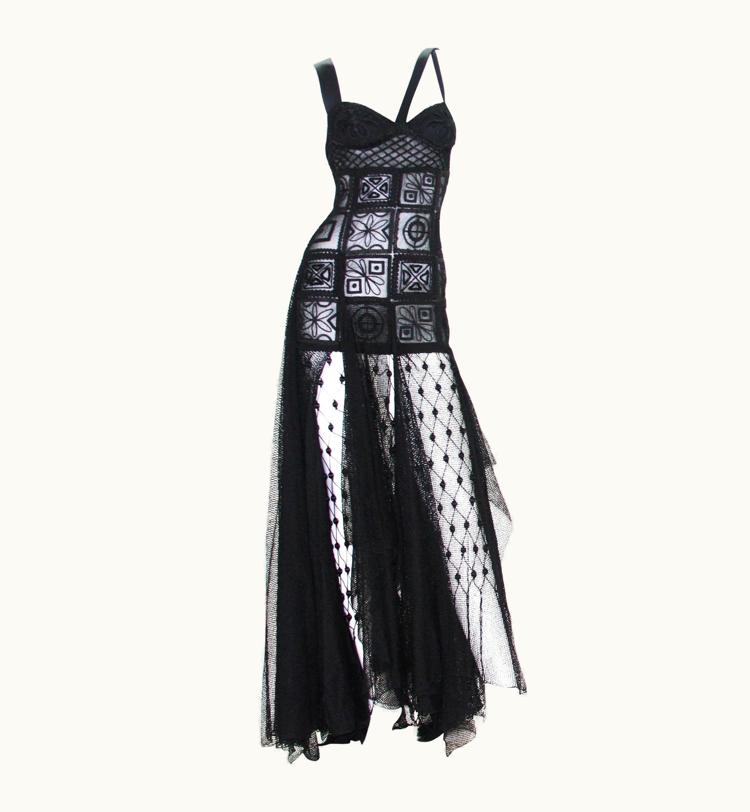 Versace Atelier Versace AW 1993 Sheer Black Net Embroidered Dress Gown
