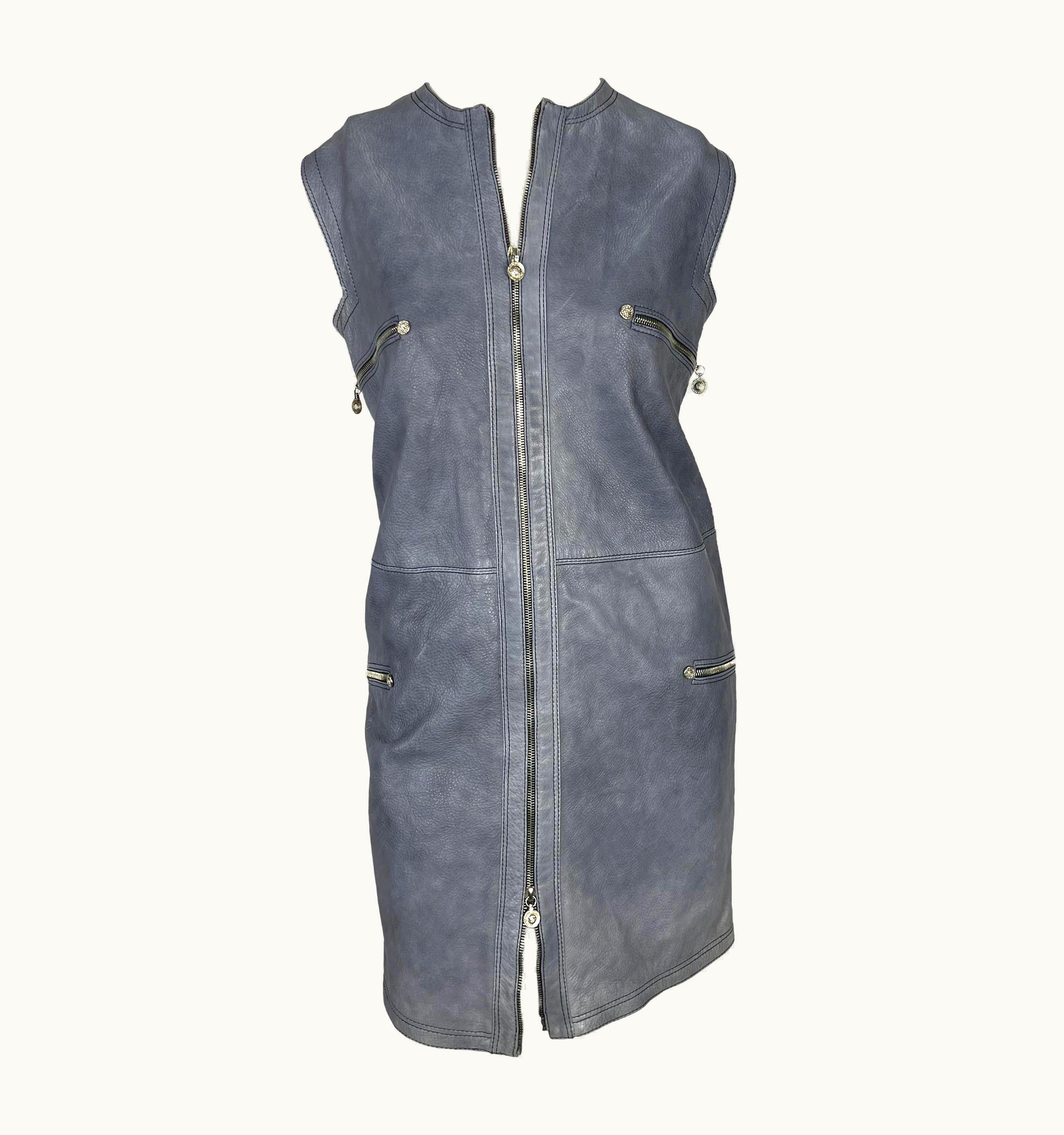 Gianni Versace Couture Nwt 1996 Gianni Versace Distressed Leather Medusa Zip Shift Dress