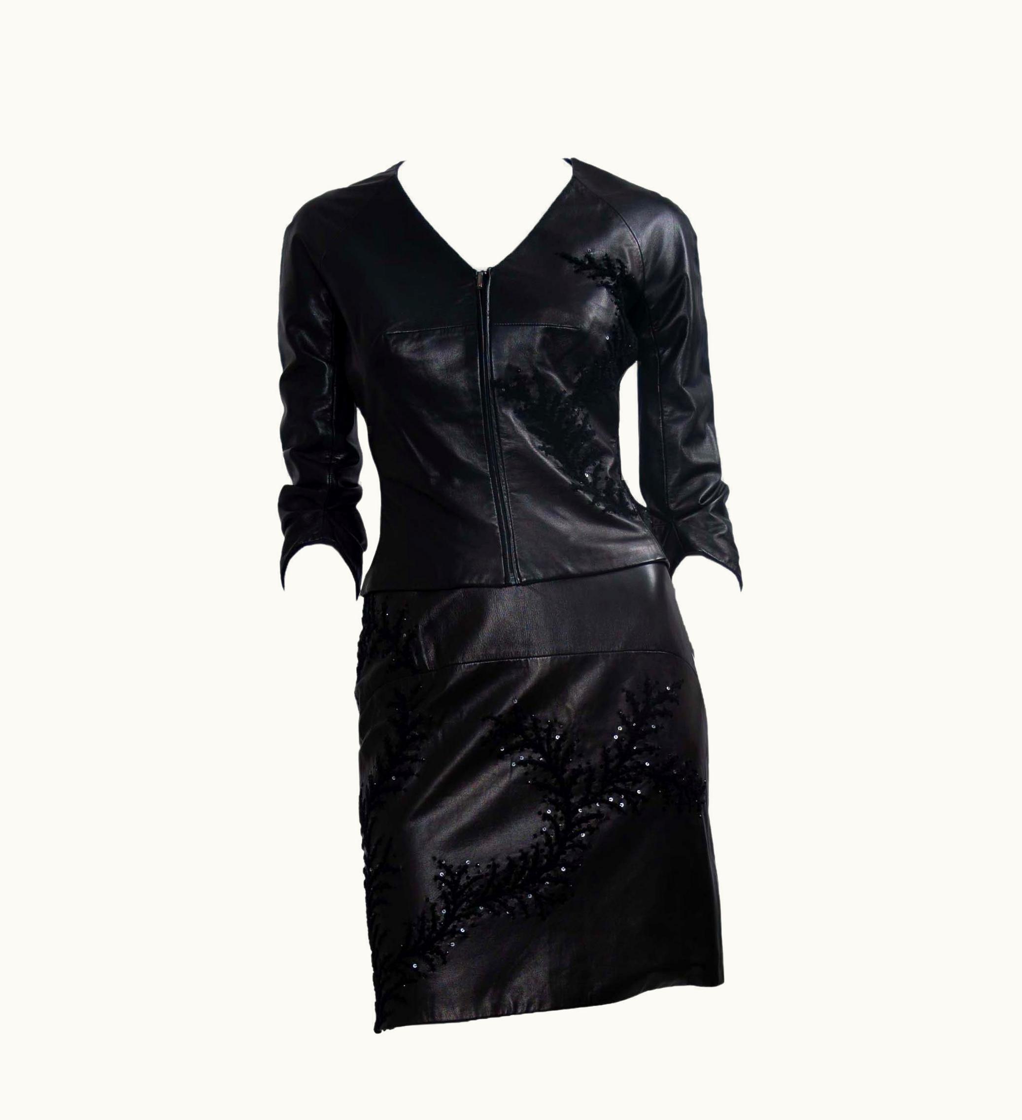 Versace S/S 1999 Atelier Versace Runway Donatella Sequin Embroidered Leather Skirt Set