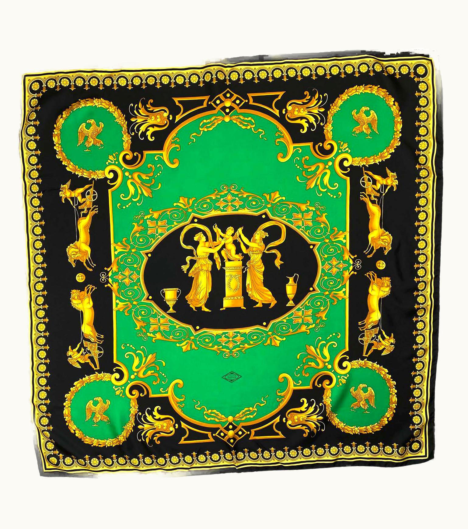 Versace Early 1990s Atelier Versace Green And Gold Baroque Print Square Silk Scarf