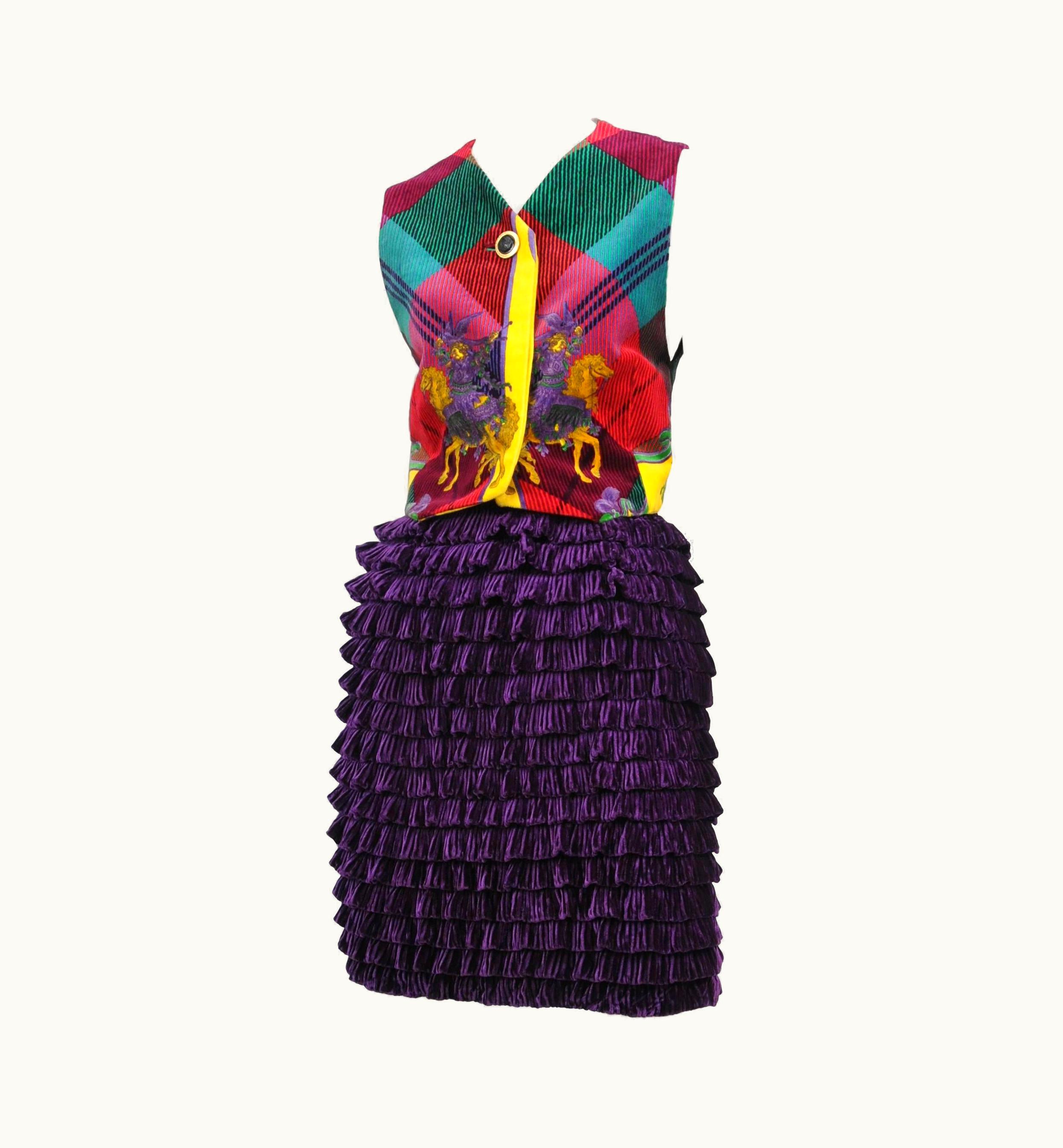 Gianni Versace Couture Gianni Versace Rare Velvet Plaid Equestrian Vest & Ruffle Skirt Ensemble