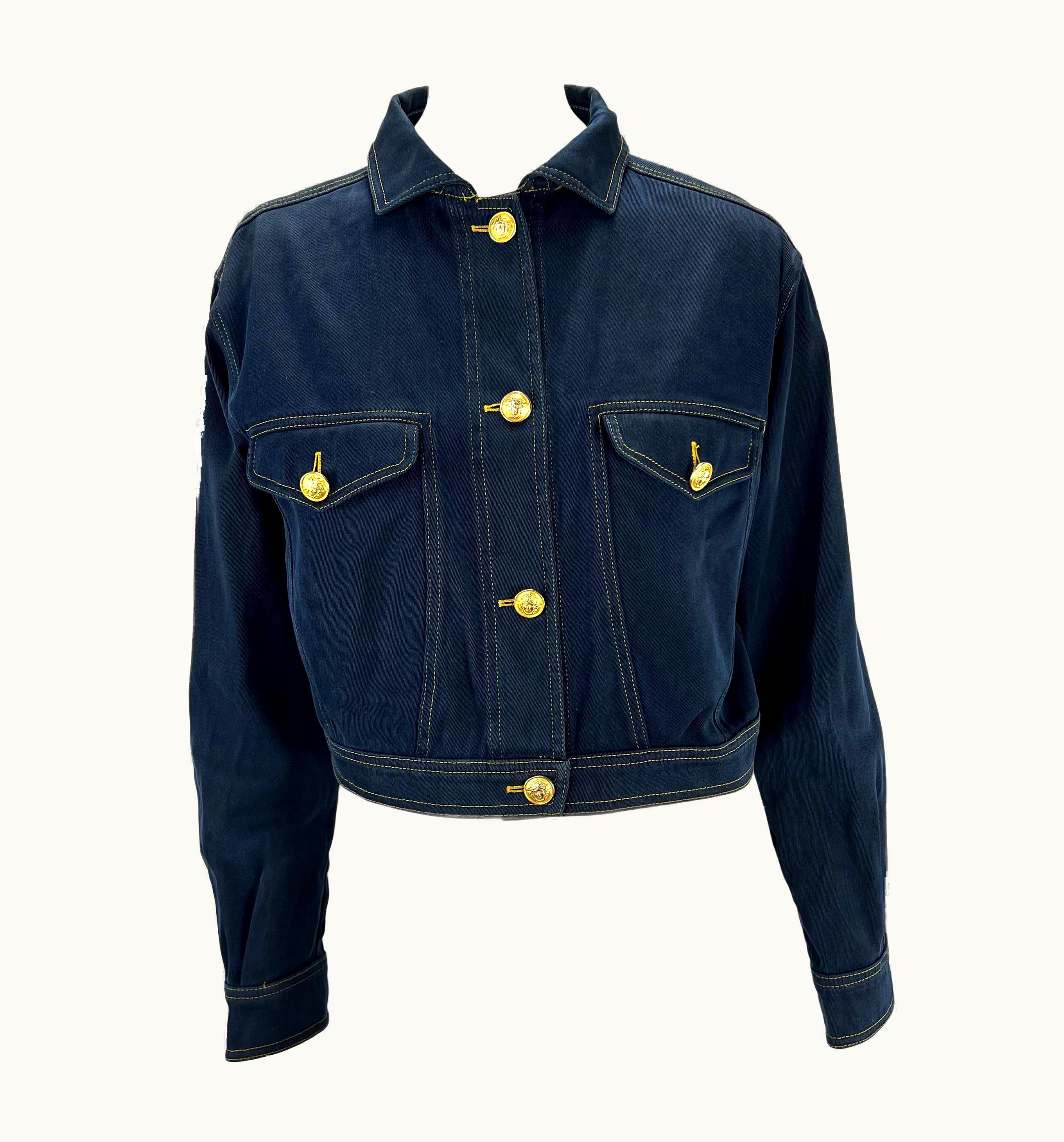 Gianni Versace Couture S/S 1992 Gianni Versace Navy Denim Medusa Cropped Jacket