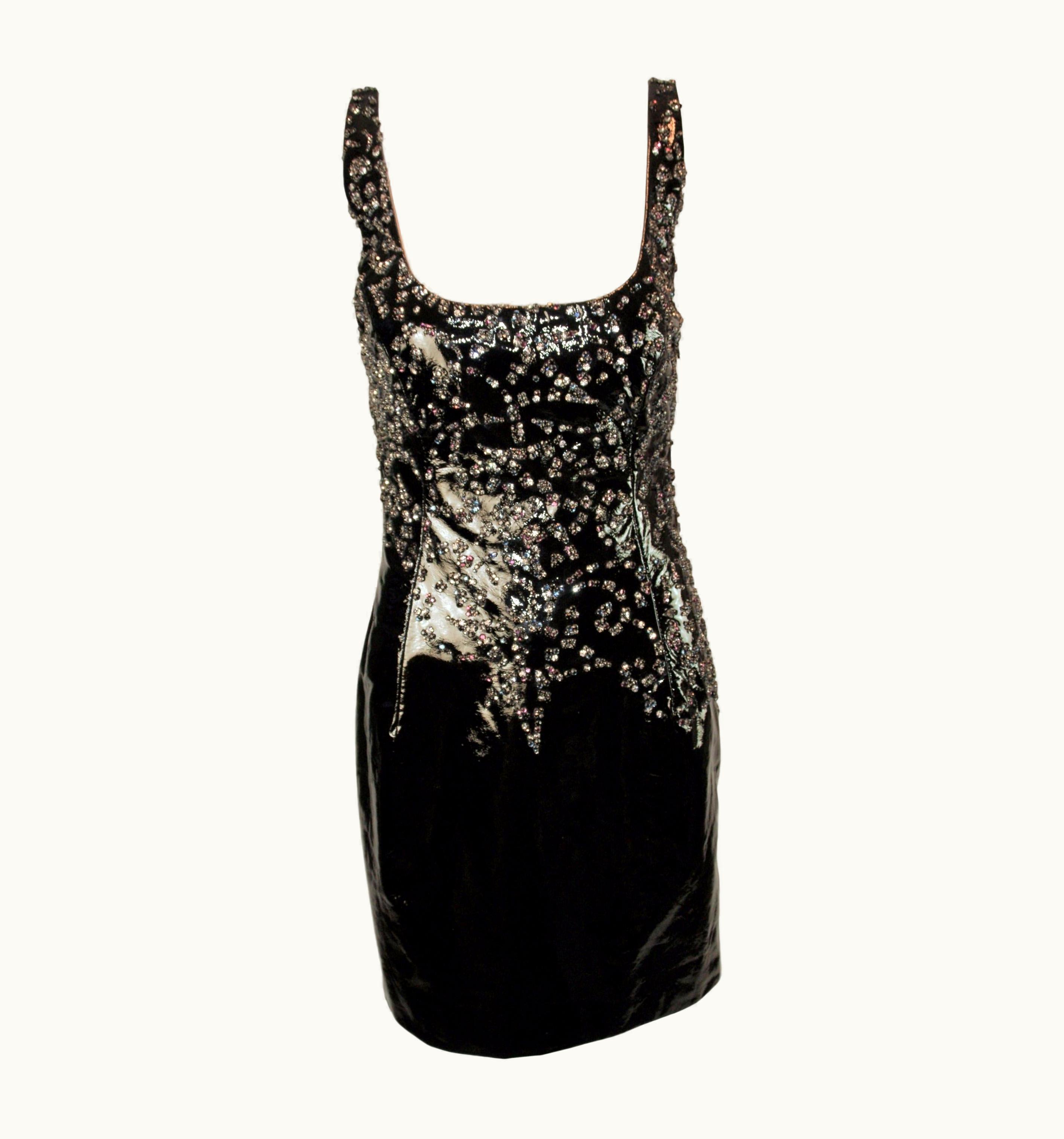 Versace S/S 1999 Atelier Versace Runway Patent Leather Crystal Embellished Mini Dress