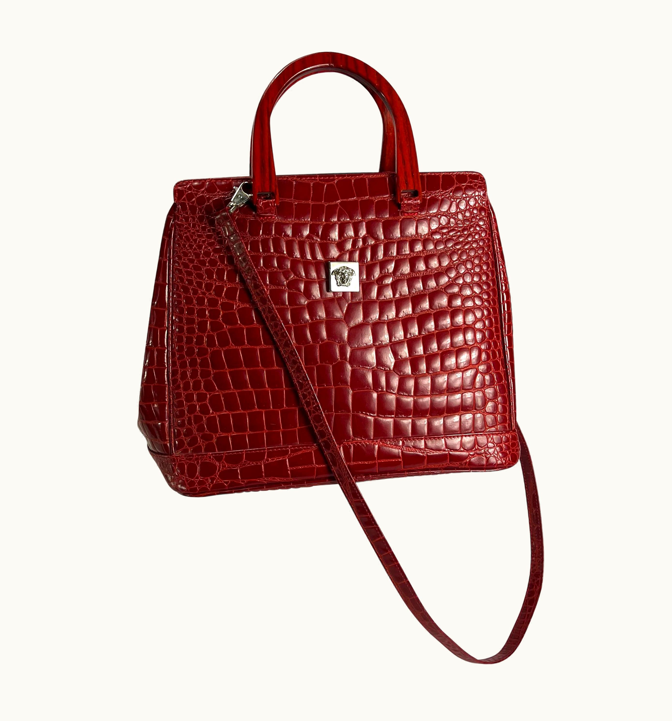 Gianni Versace Couture Late 1990s Gianni Versace Red Crocodile Embossed Top Handle Crossbody Bag