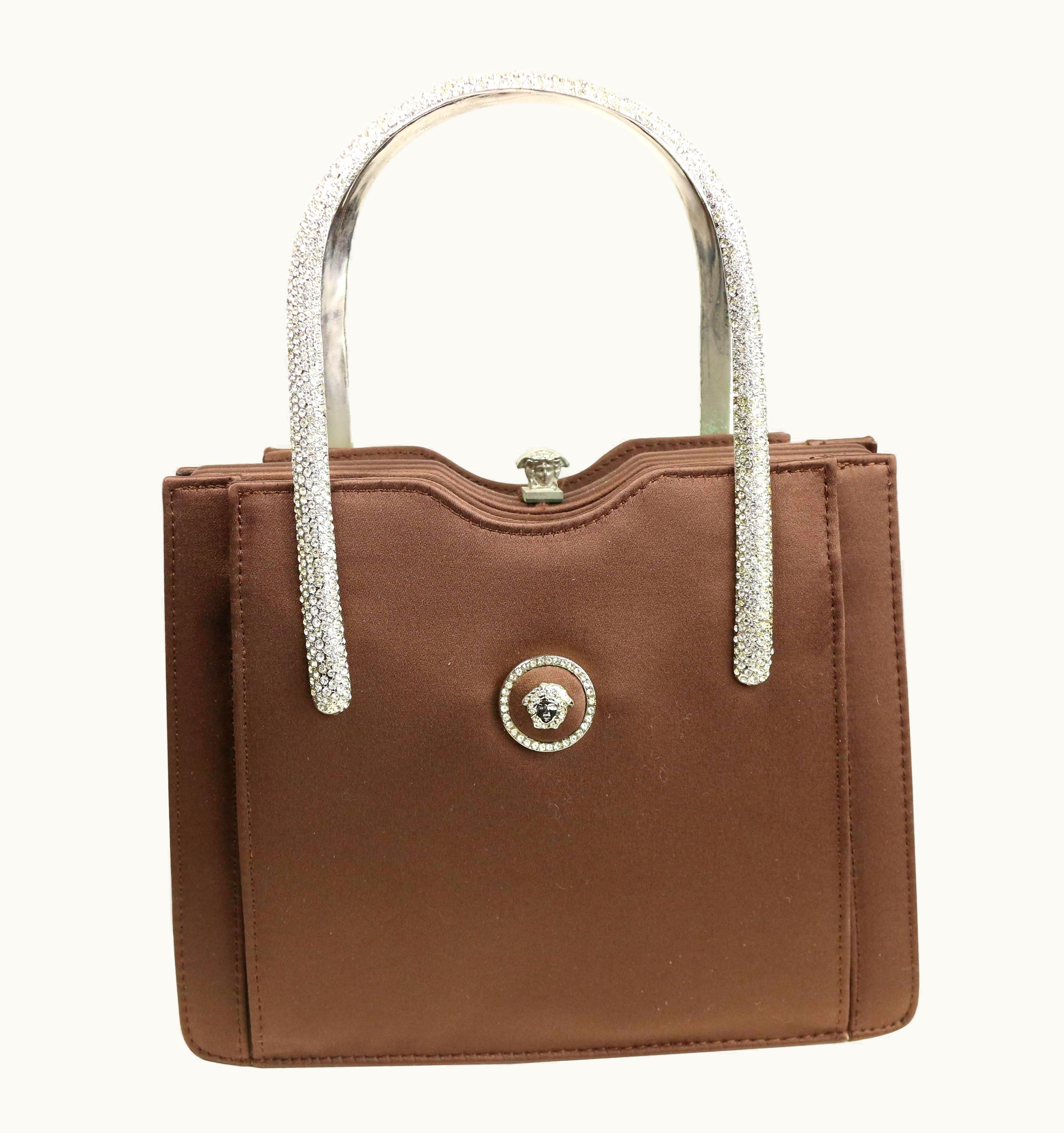 Gianni Versace Couture Vintage 90s Gianni Versace Couture Brown Satin Rhinestones Medusa Handbag