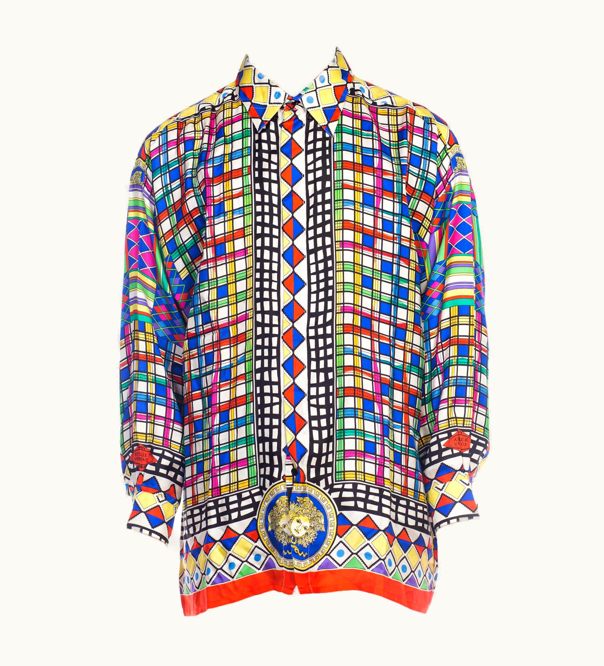 Gianni Versace Couture 1990s Gianni Versace Multicolor Geometric Silk Men' Shirt UZ0578092