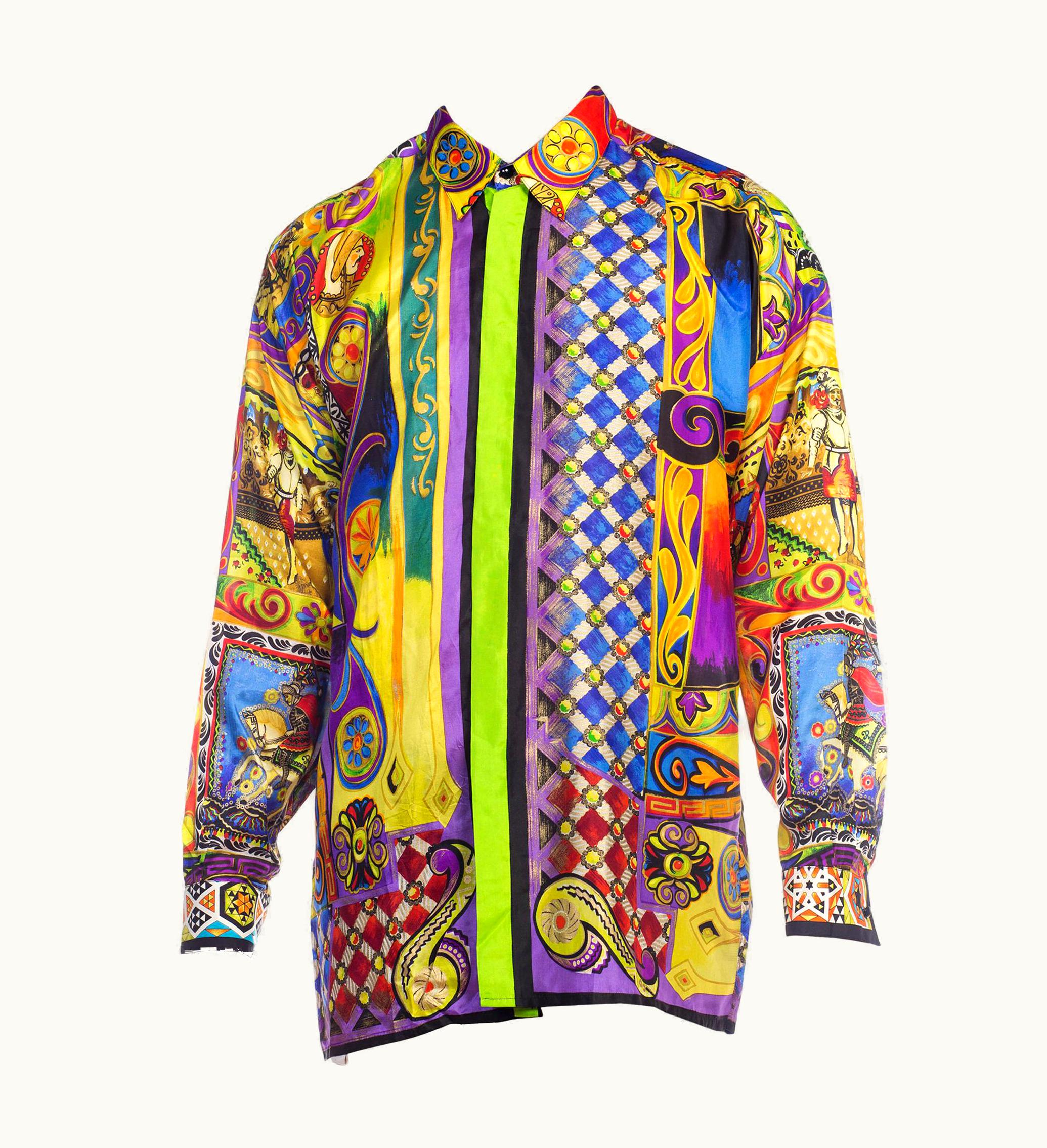 Gianni Versace Couture 1990s Gianni Versace Silk Men' Medieval Print Shirt With Metallic Gold Accents