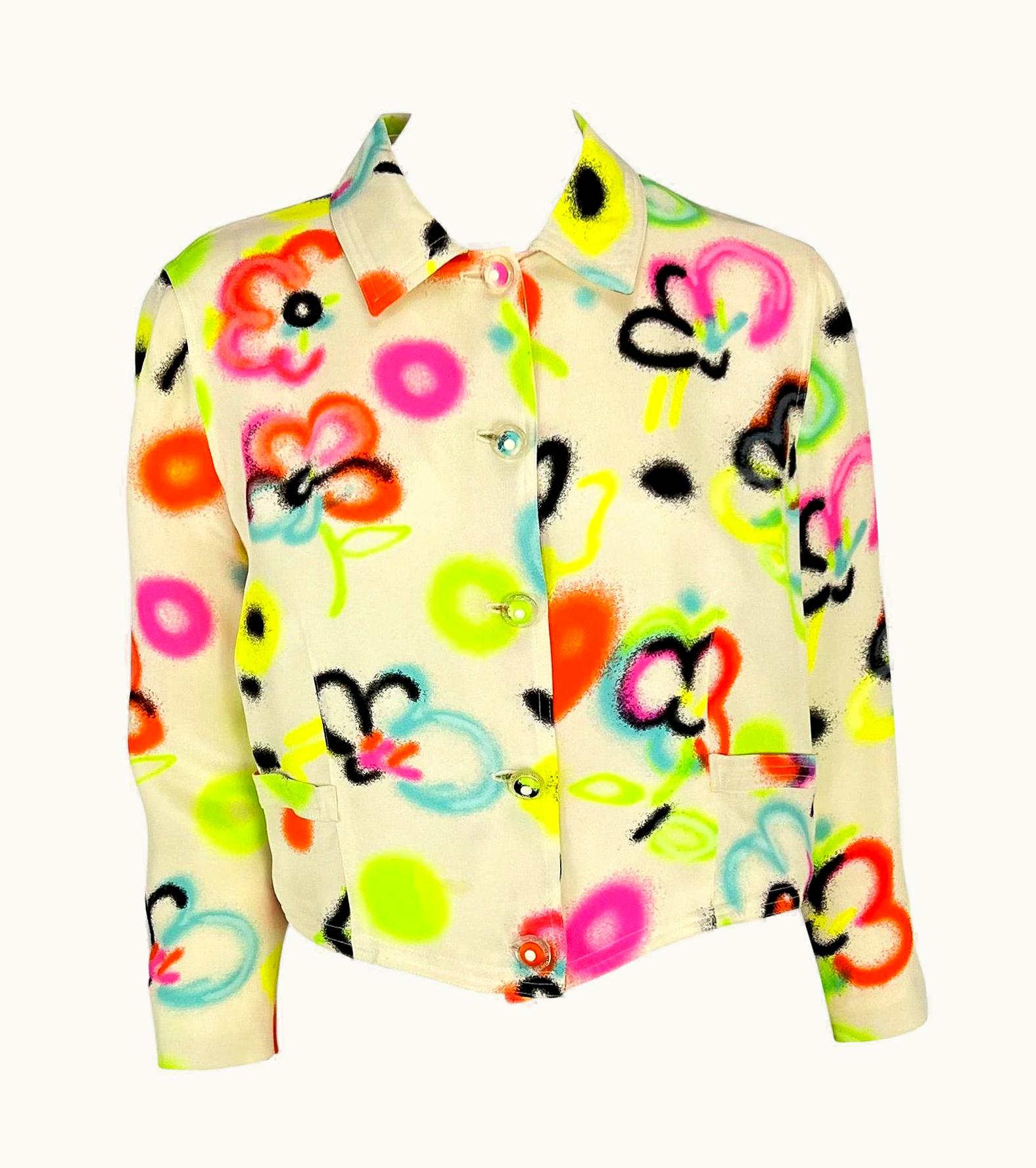 Gianni Versace Couture S/S 1996 Gianni Versace White Graffiti Floral Medusa Button Jacket