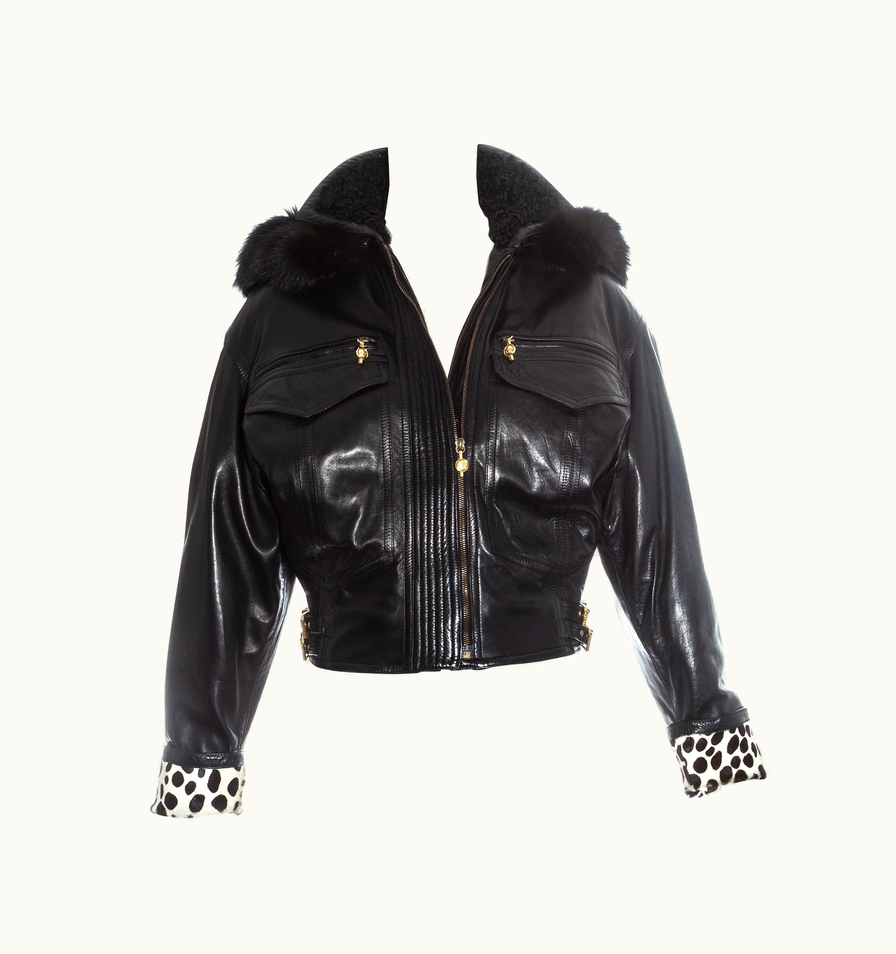 Gianni Versace Couture Gianni Versace Black Leather Bomber Jacket With Bondage Buckles, AW 1992