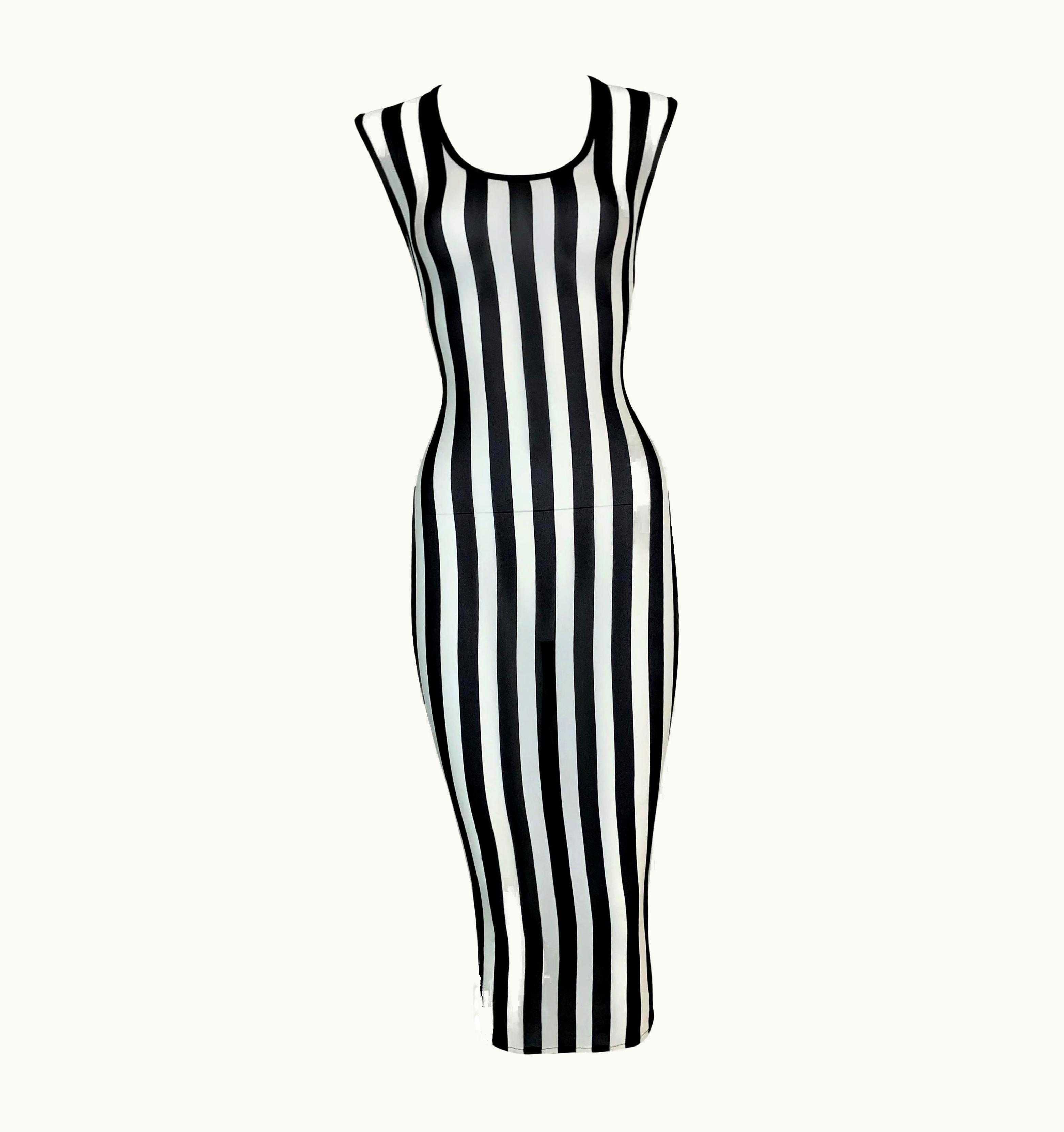 Gianni Versace Couture 1993 Gianni Versace Sheer Stretch Silk Black & White Striped Wiggle Dress