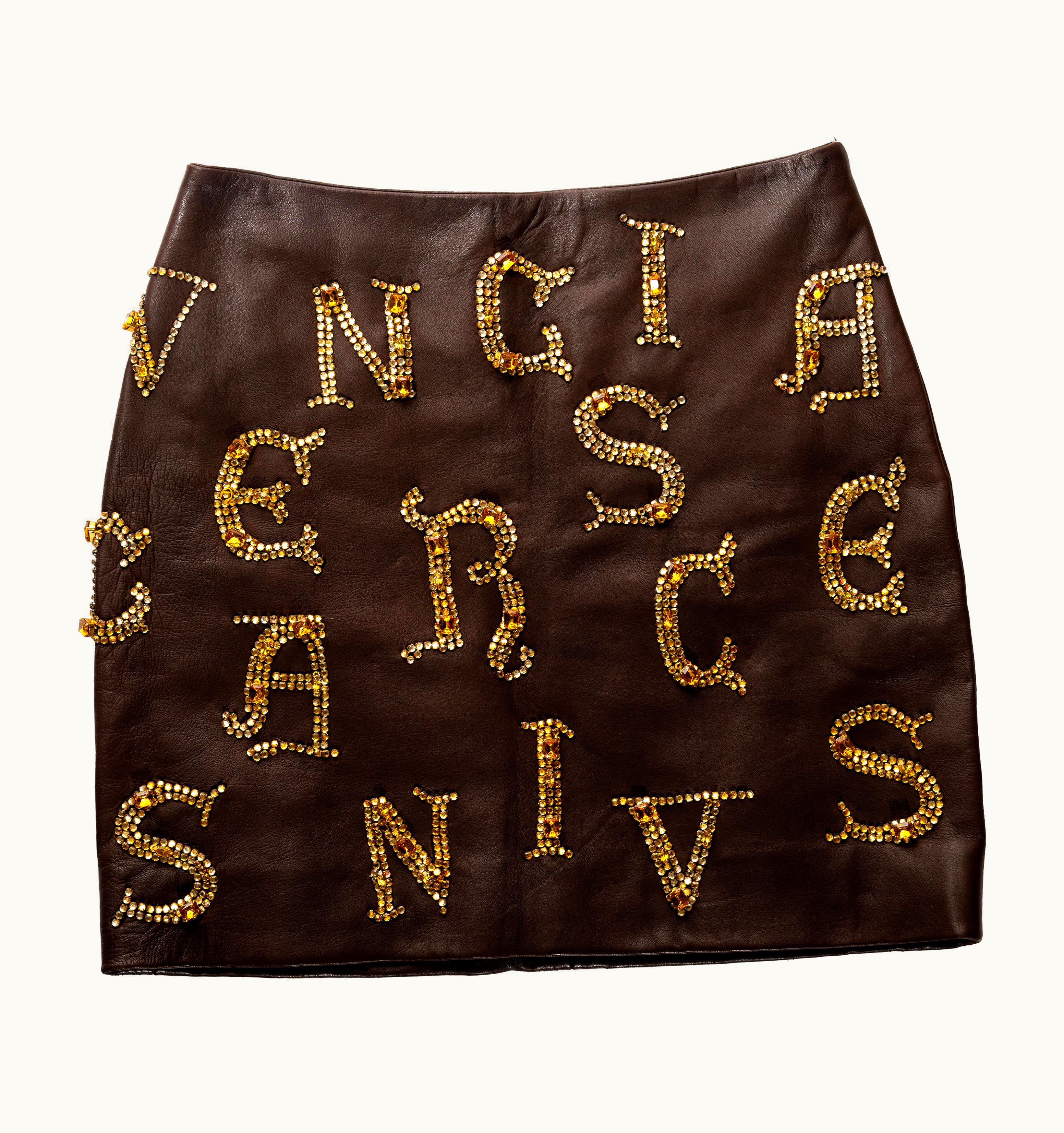 Versace Atelier Versace Brown Leather Skirt With Gold Crystal Calligraphy, AW 1997