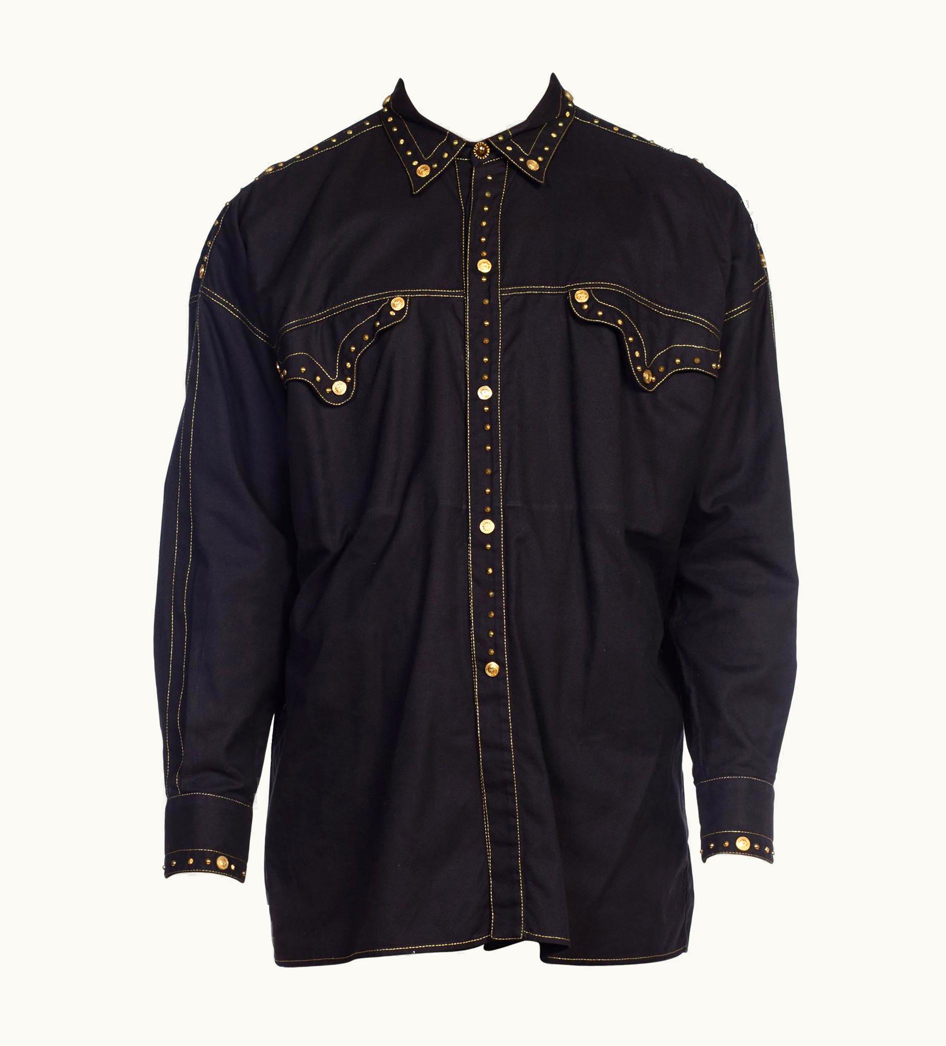 Gianni Versace Couture 1990s Gianni Versace Men' Shirt With Gold Medusa Studs & Metallic Embroidery