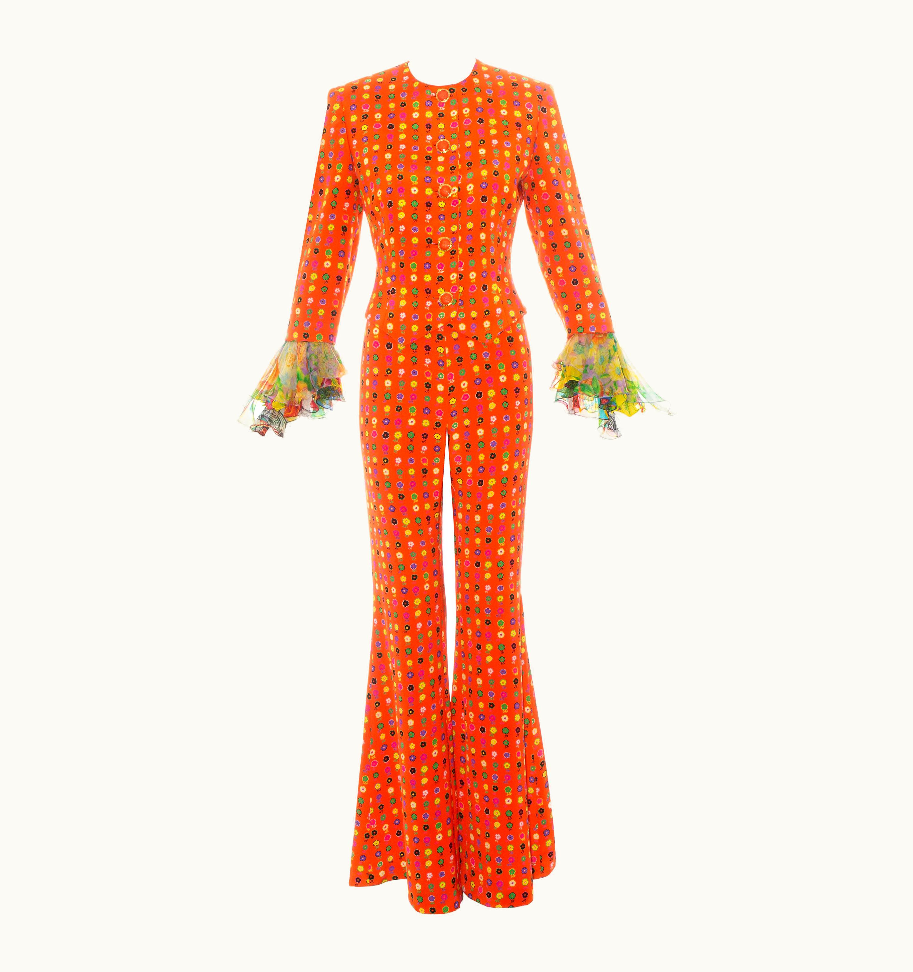 Gianni Versace Couture Gianni Versace Orange Floral Printed Silk Flared Pant Suit, S/S 1993