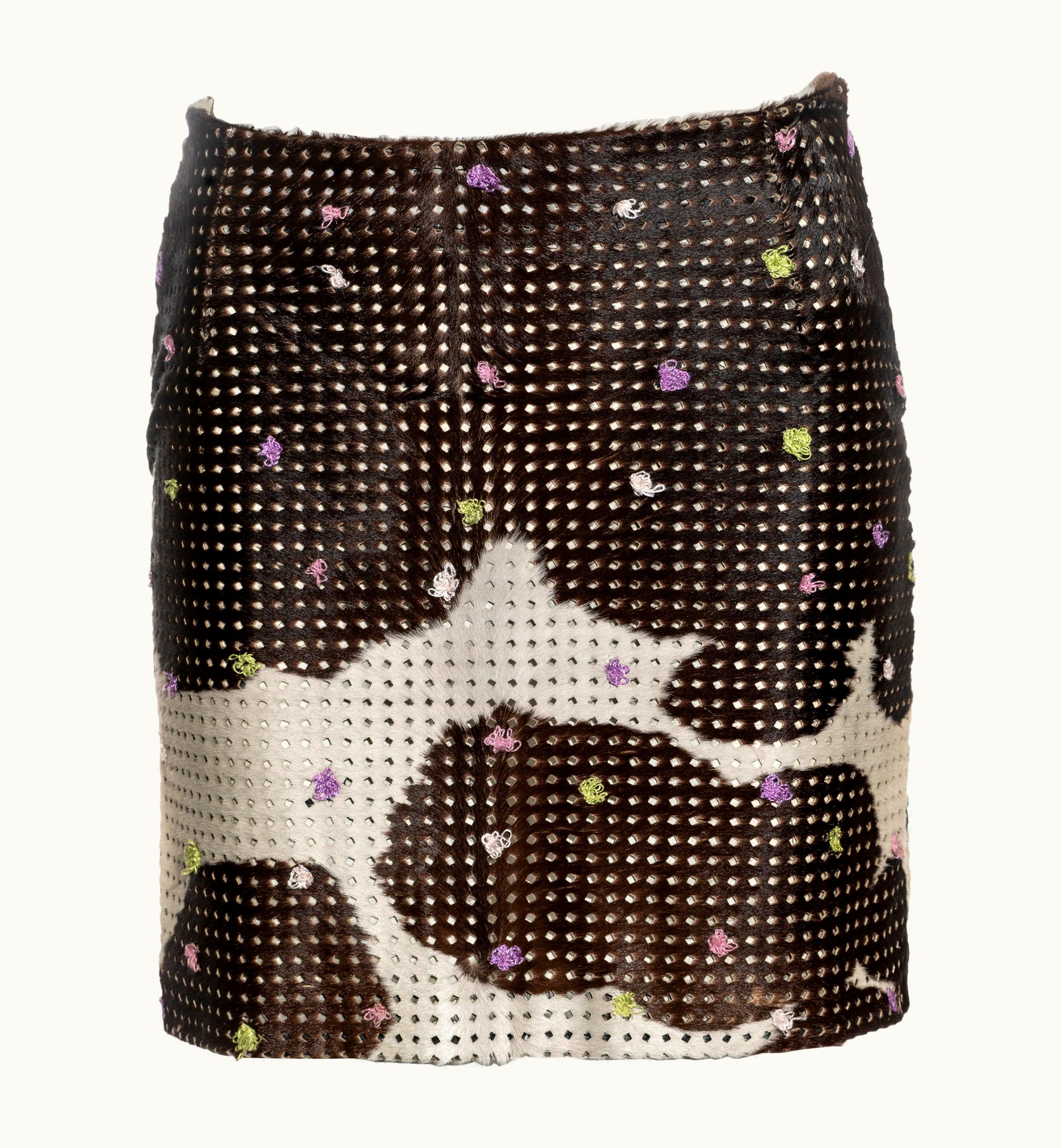Gianni Versace Couture Gianni Versace Perforated Cowhide Mini Skirt With Floral Embroidery, S/S 1999