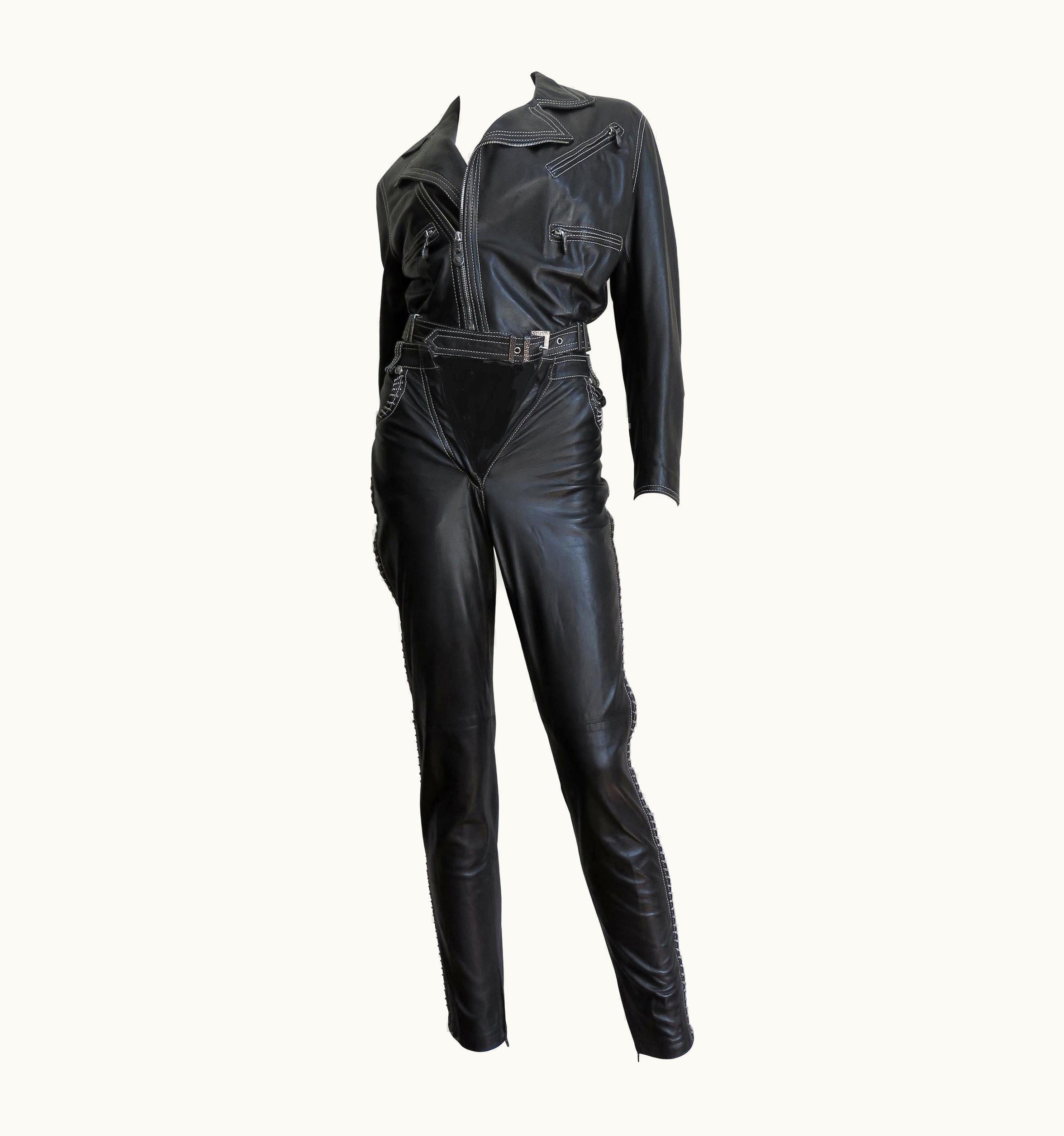Gianni Versace Couture Gianni Versace Leather Motorcycle Jacket And Pants With Chain Trim 1990s