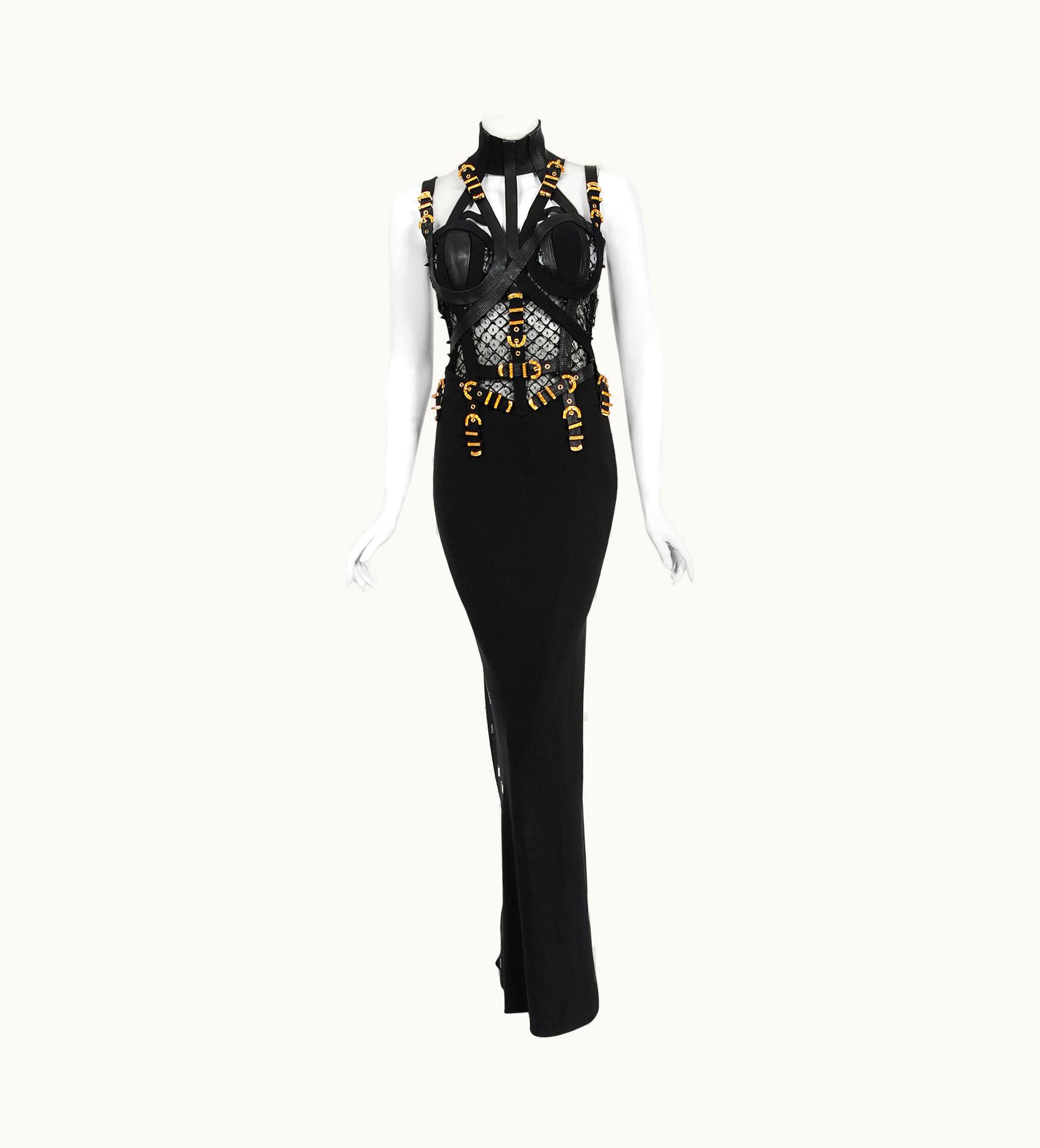 Gianni Versace Couture Vintage 1992 Gianni Versace Couture Documented Black Bondage Silk Leather Gown