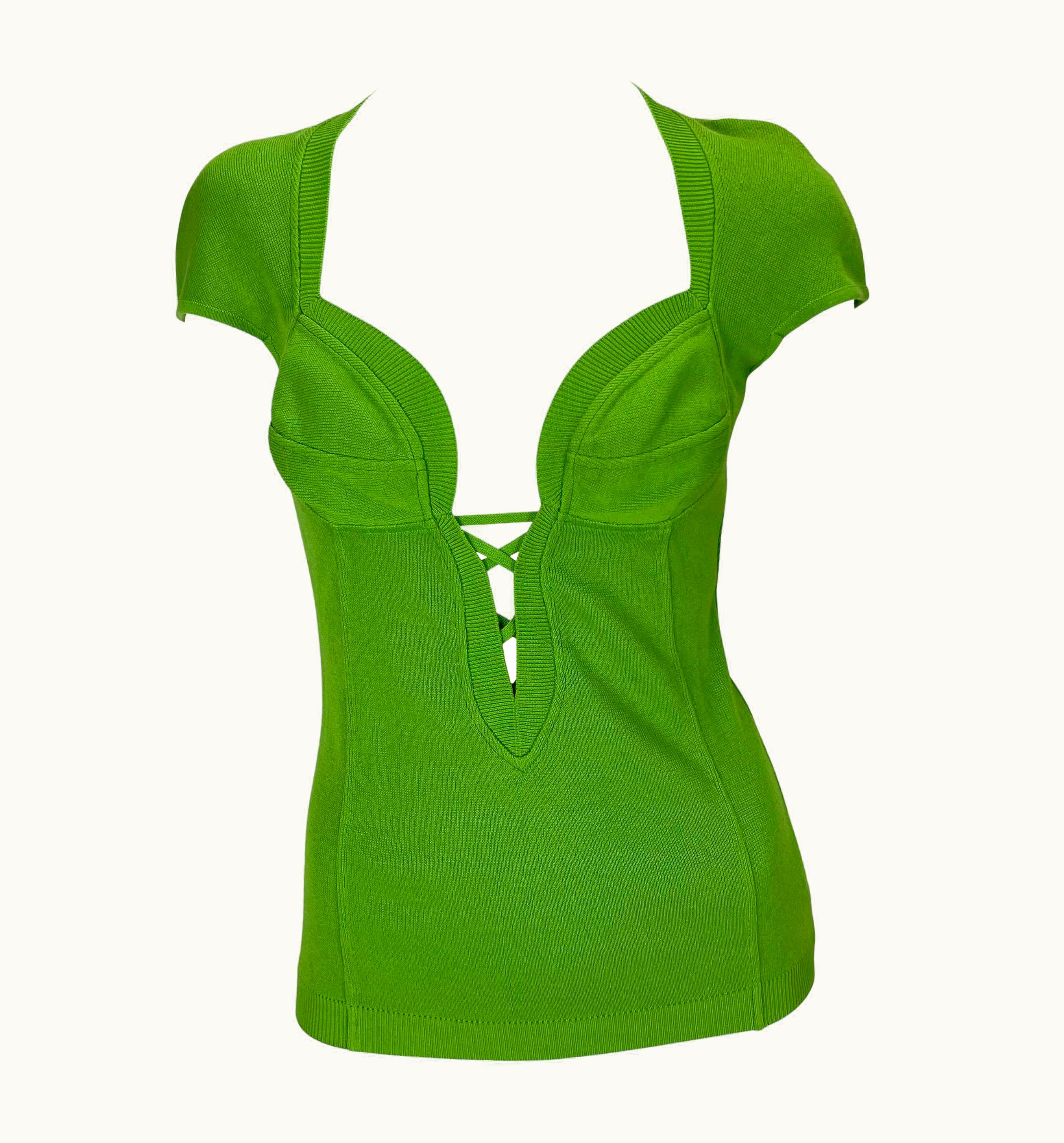 Gianni Versace Couture S/S 1993 Gianni Versace Green Stretch Knit Bustier Plunge Top