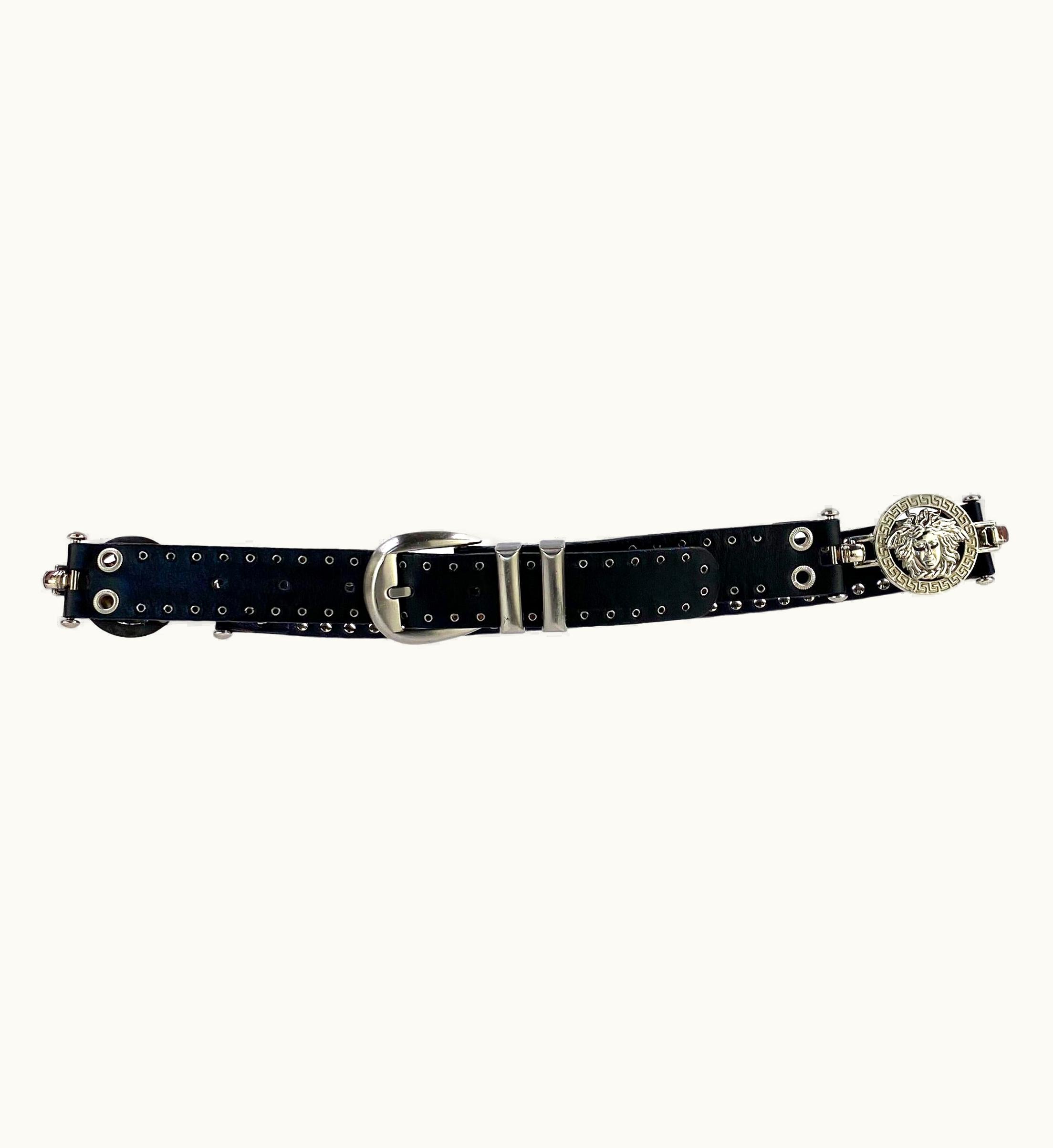 Gianni Versace Couture S/S 1994 Gianni Versace Medusa Medallion Black Leather Grommet Belt
