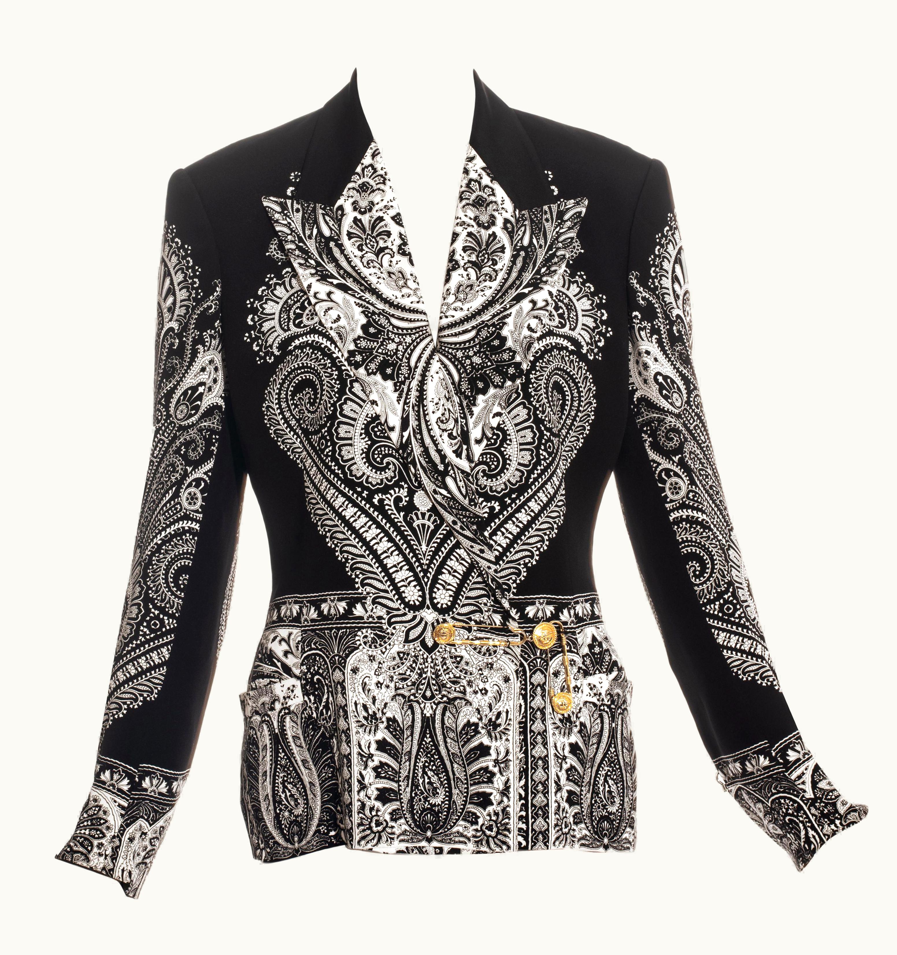 Gianni Versace Couture Gianni Versace Black Paisley Printed Silk Safety-pin Jacket, S/S 1994