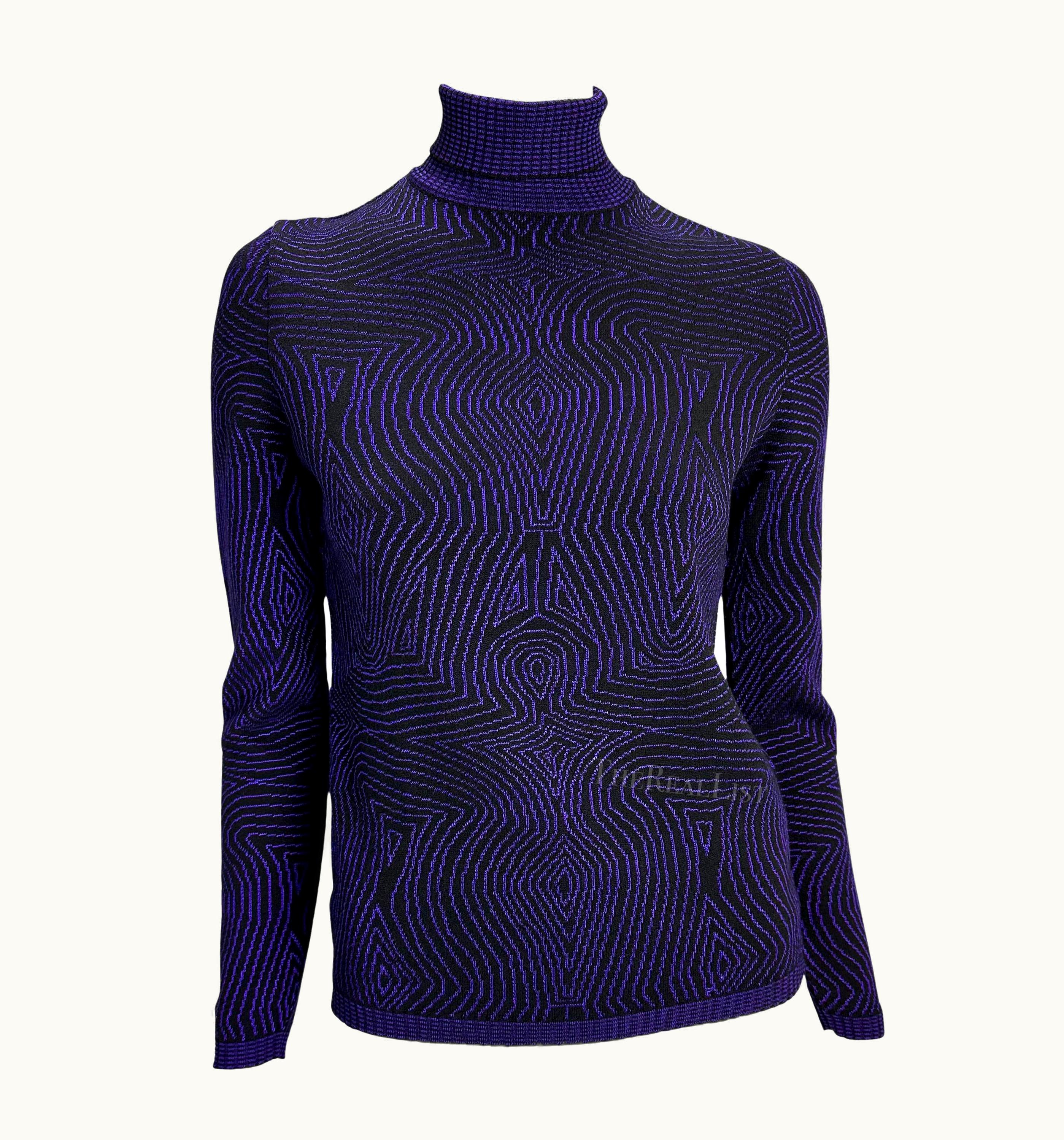 Gianni Versace Couture 1996 Gianni Versace Purple Psychedelic Op Art Knit Roll-Neck Sweater Top