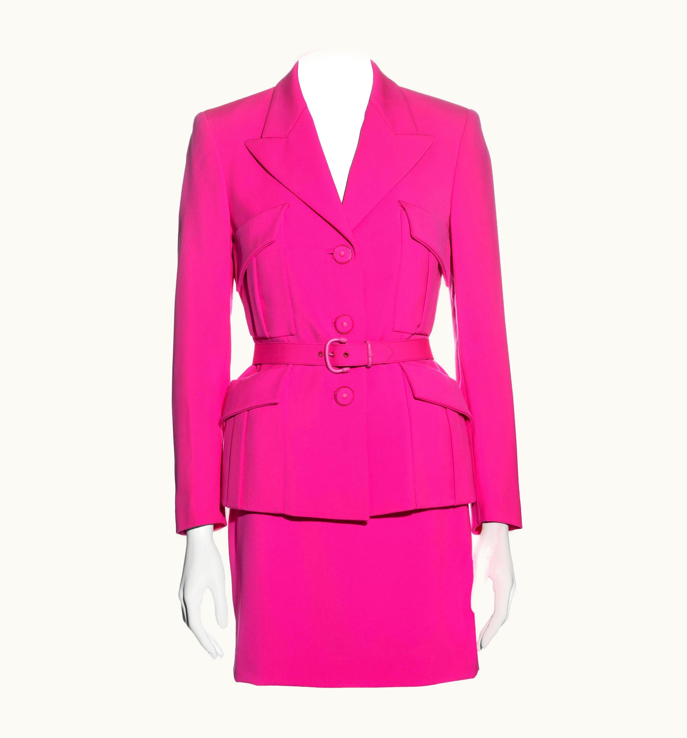 Gianni Versace Couture Gianni Versace Neon Pink Wool Monochromatic Mini Skirt Suit, AW 1996