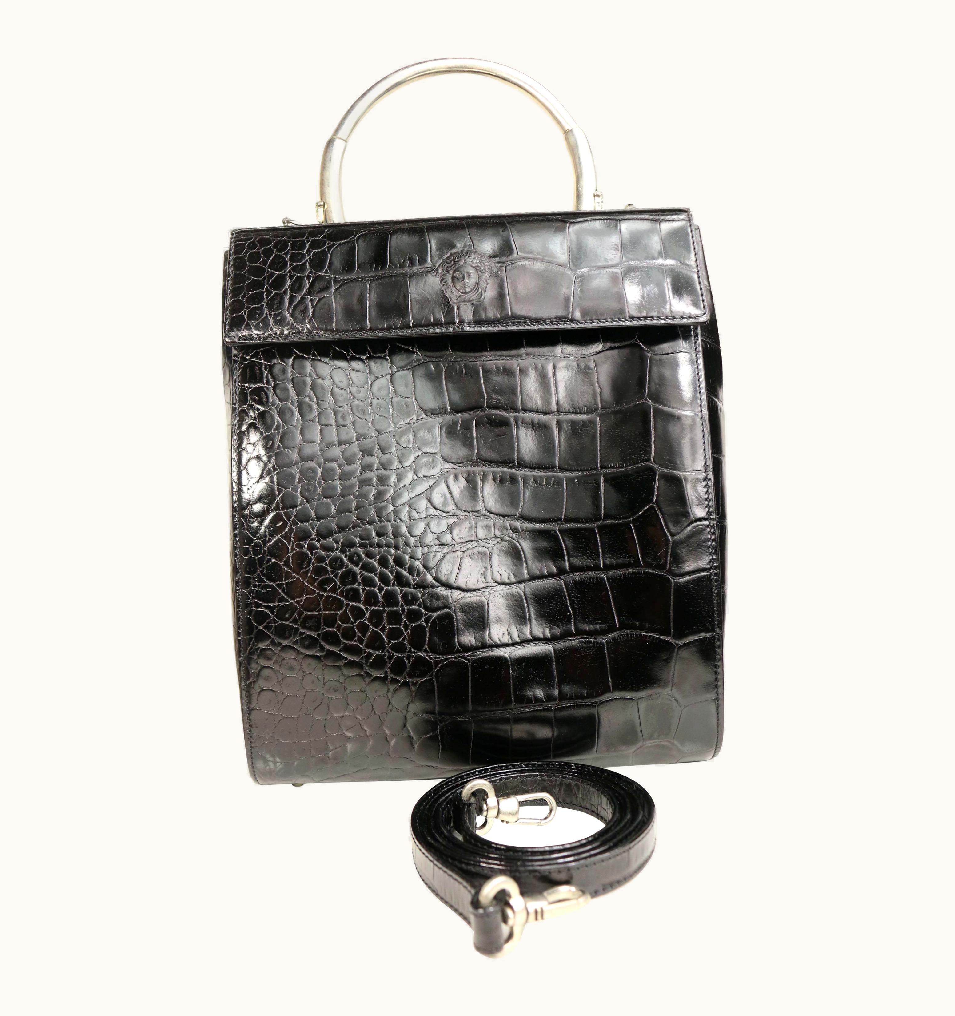 Gianni Versace Couture Unused Vintage 90s Gianni Versace Black Croc Leather Flap Shoulder Bag