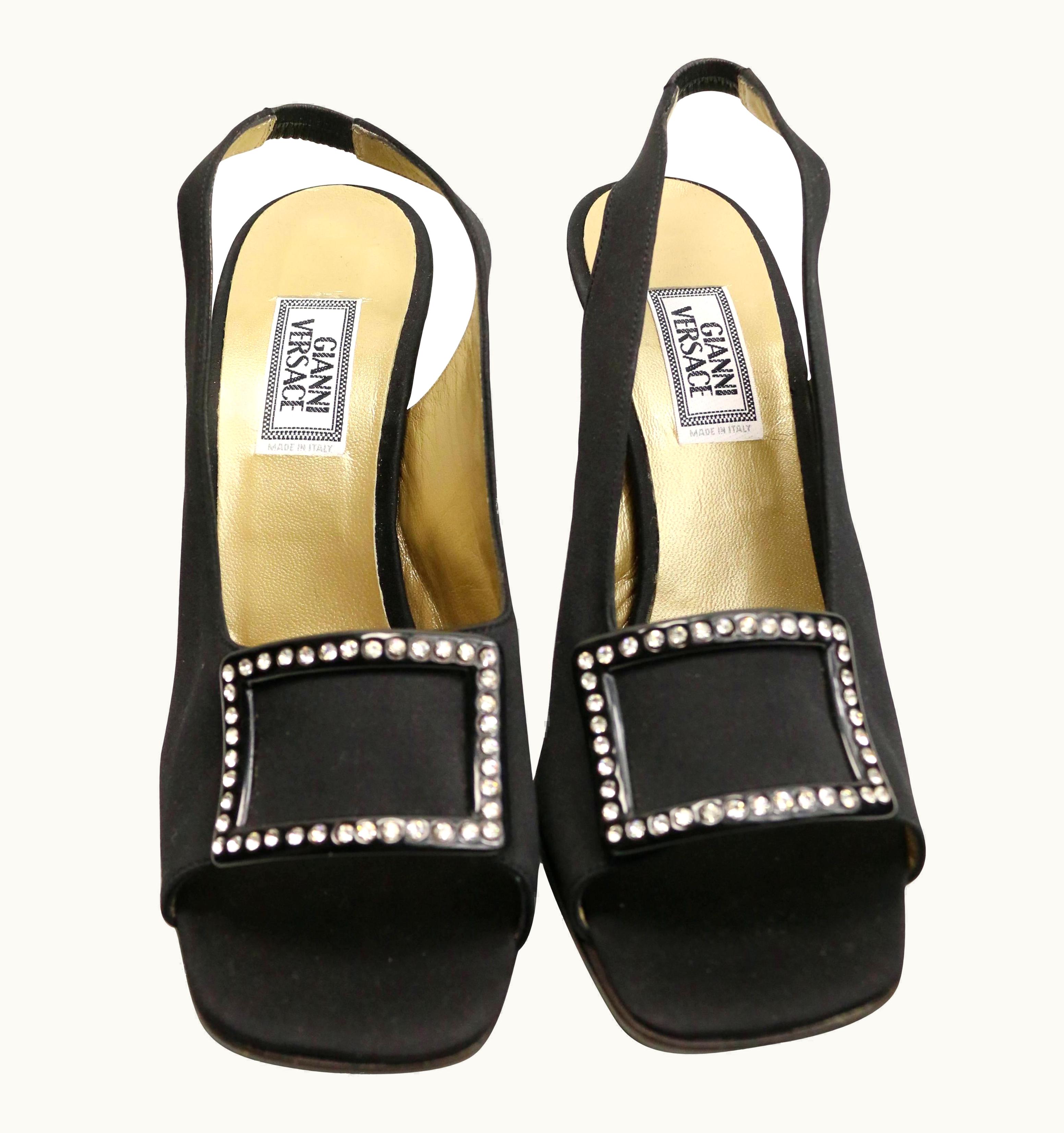 Gianni Versace Couture Vintage 90s Gianni Versace Black Satin Open Toe Slingback With Rhinestones
