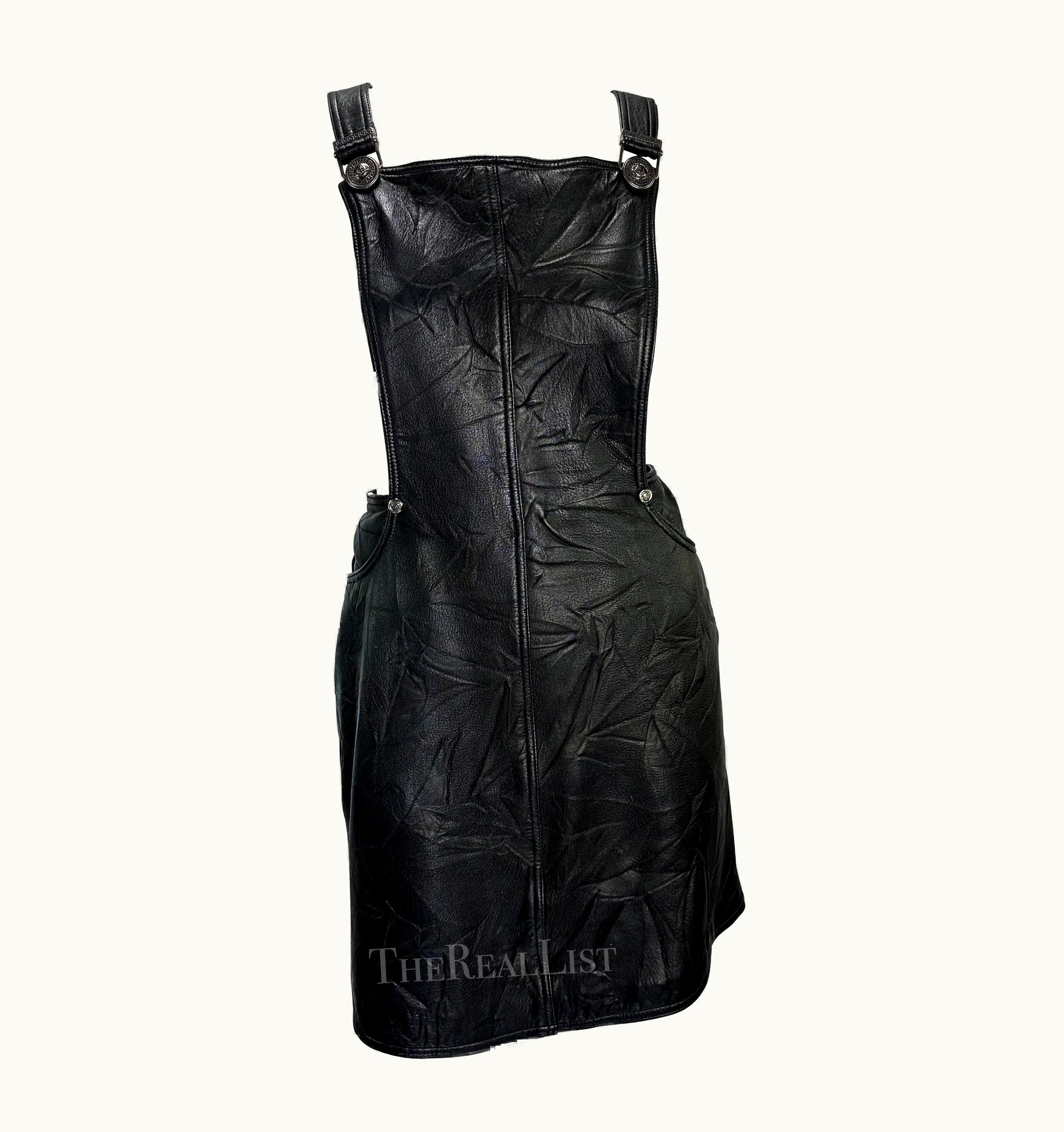 Gianni Versace Couture AW 1994 Gianni Versace Black Wrinkled Leather Medusa Overall Mini Dress