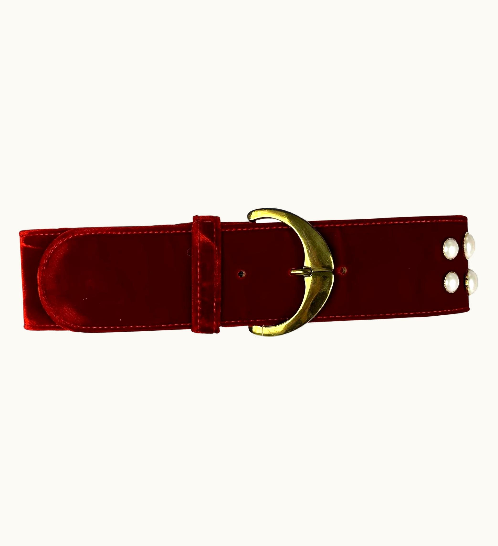 Gianni Versace Couture Nwt Early 1990s Gianni Versace Red Velvet Gold Tone Pearl Accent Belt