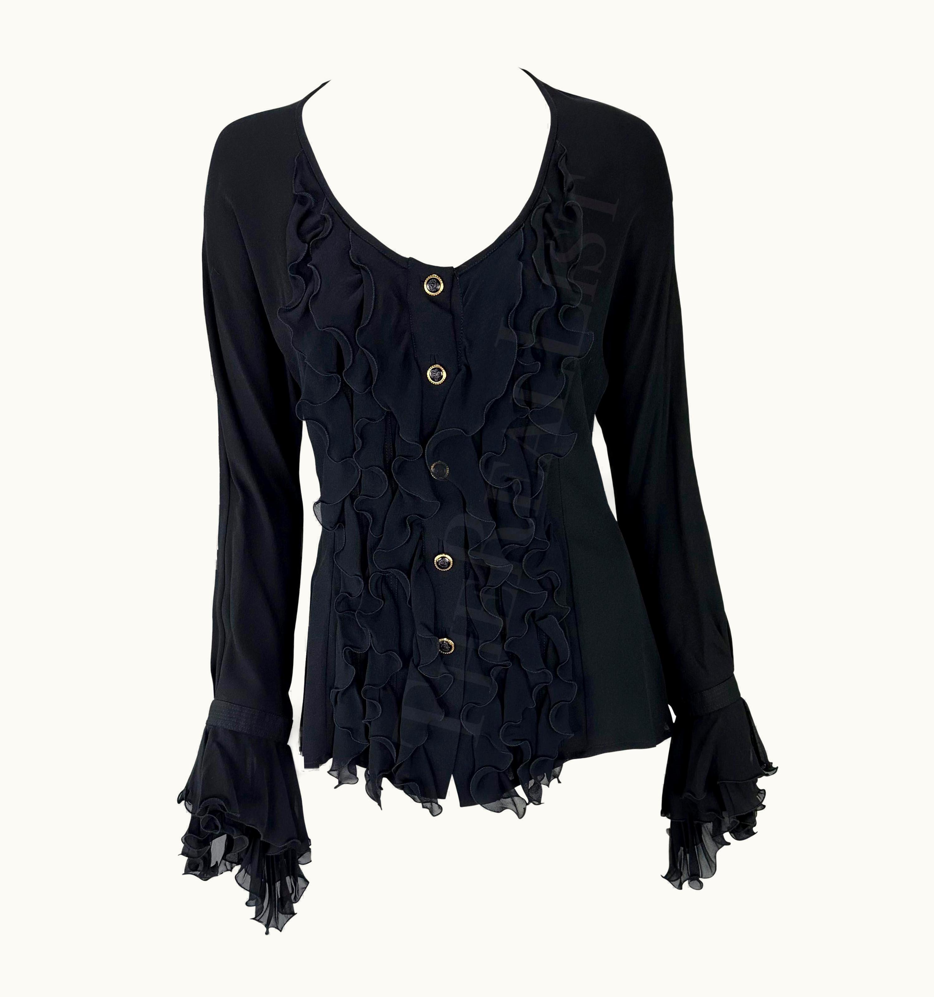 Gianni Versace Couture S/S 1993 Gianni Versace Black Bohemian Ruffle Button Runway Down Top