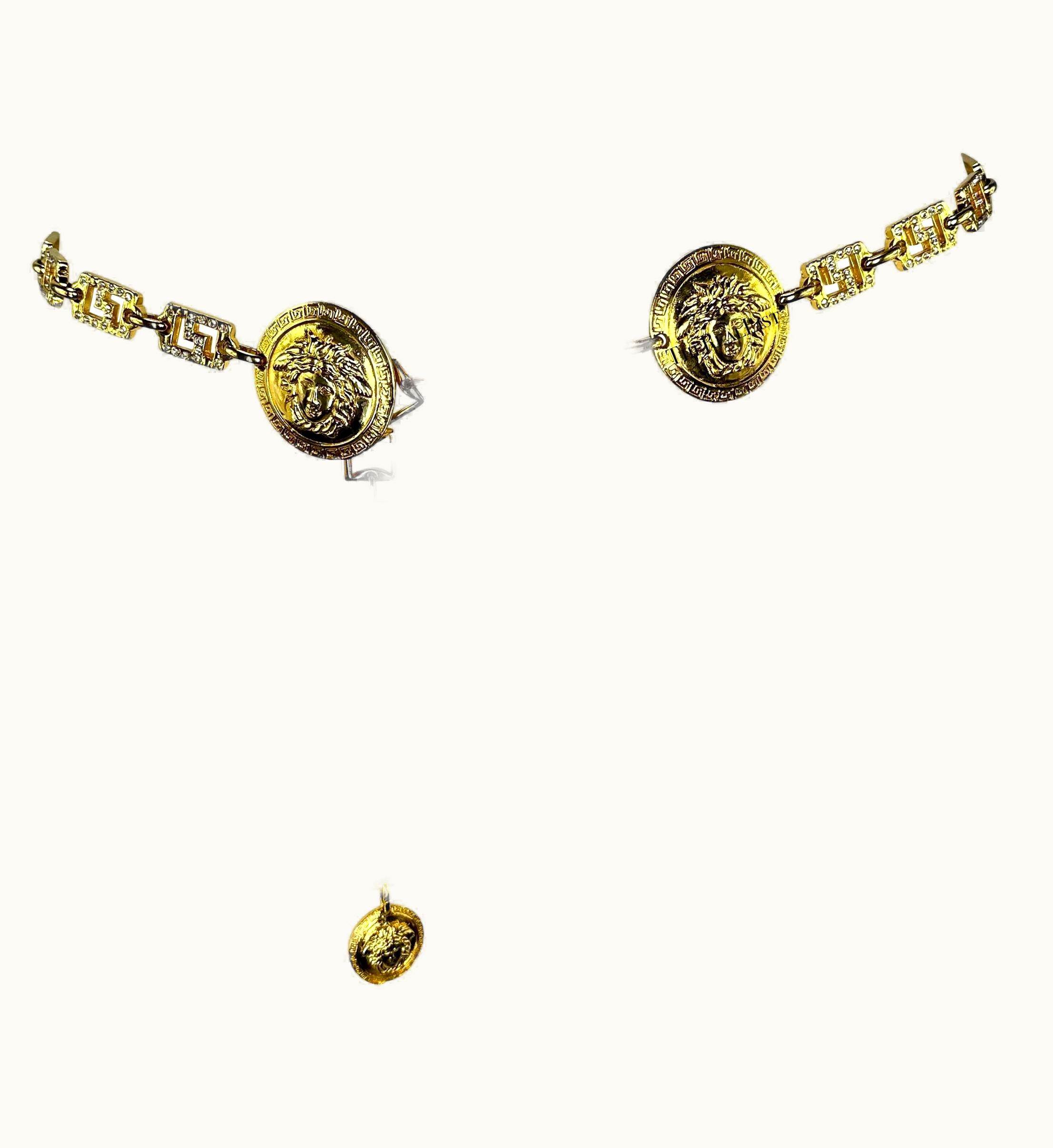 Gianni Versace Couture 1990s Gianni Versace Gold Tone Rhinestone Greek Key Medusa Medallion Chain Belt