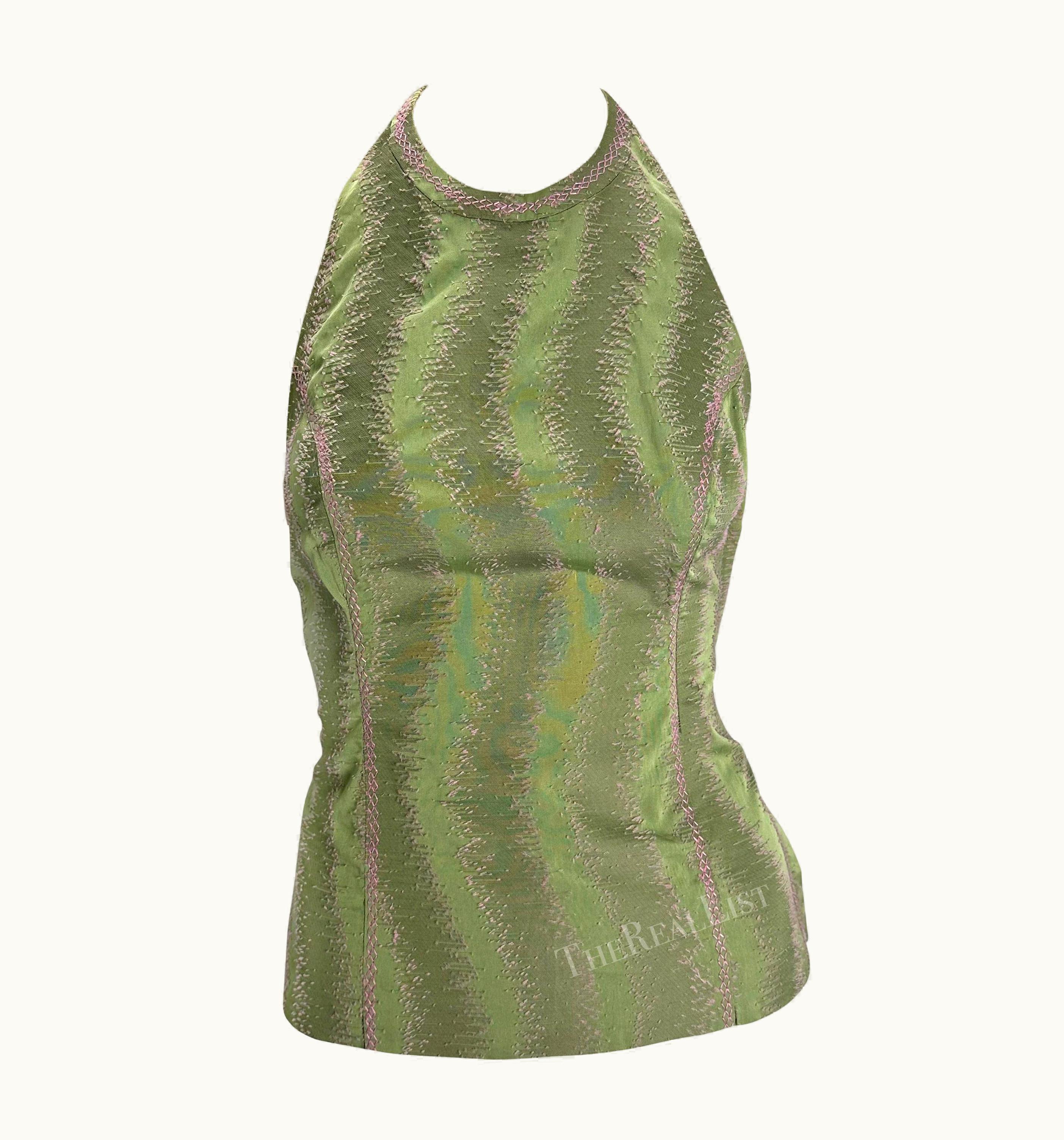 Gianni Versace Couture 1999 Gianni Versace By Donatella Green Abstract Pink Embroidery Halter Top