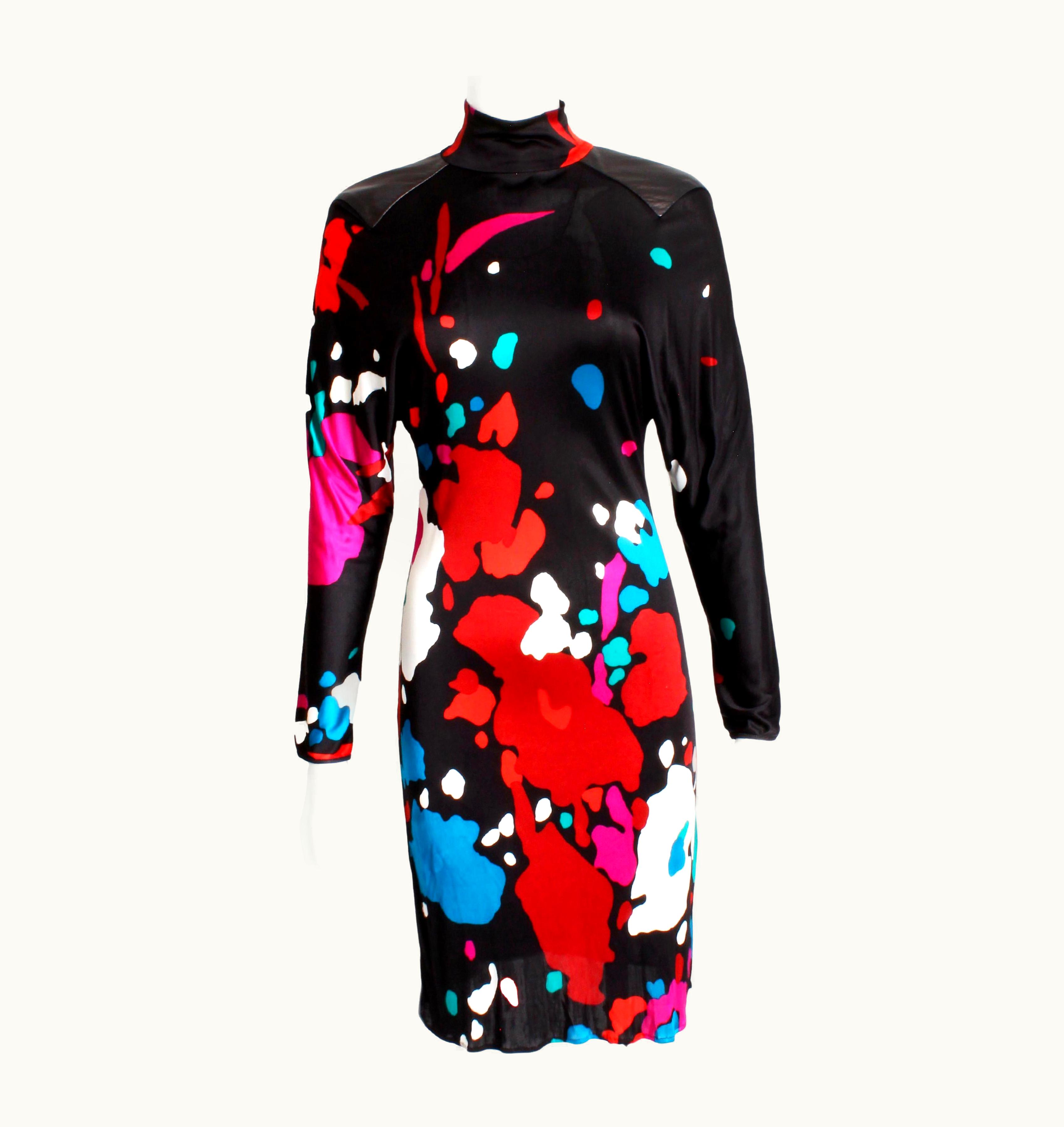 Gianni Versace Couture Gianni Versace Couture Dress Abstract Print Jersey Leather Shoulder Panels 90s