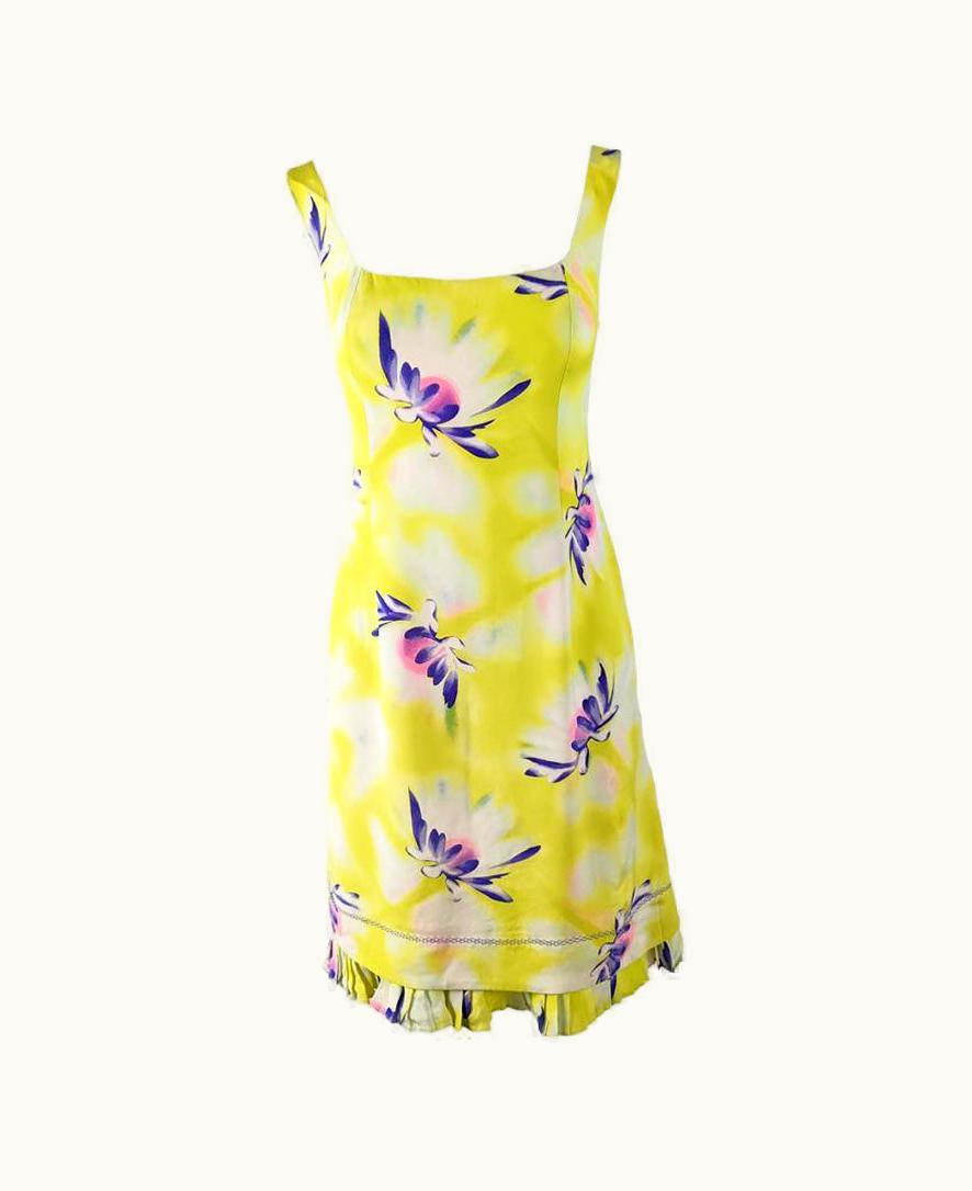 Gianni Versace Couture Gianni Versace Vintage Yellow & Purple Silk Sleeveless Floral Print Dress, 1990s