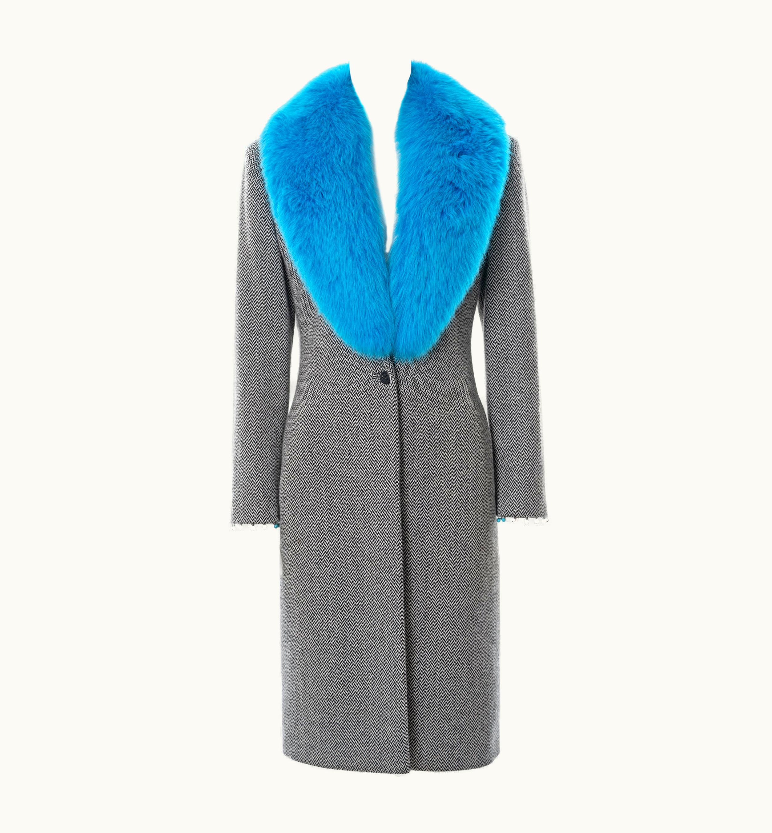 Gianni Versace Couture Gianni Versace Herringbone Tweed Coat With Blue Fox Fur Collar, AW 1999 UZ0578196