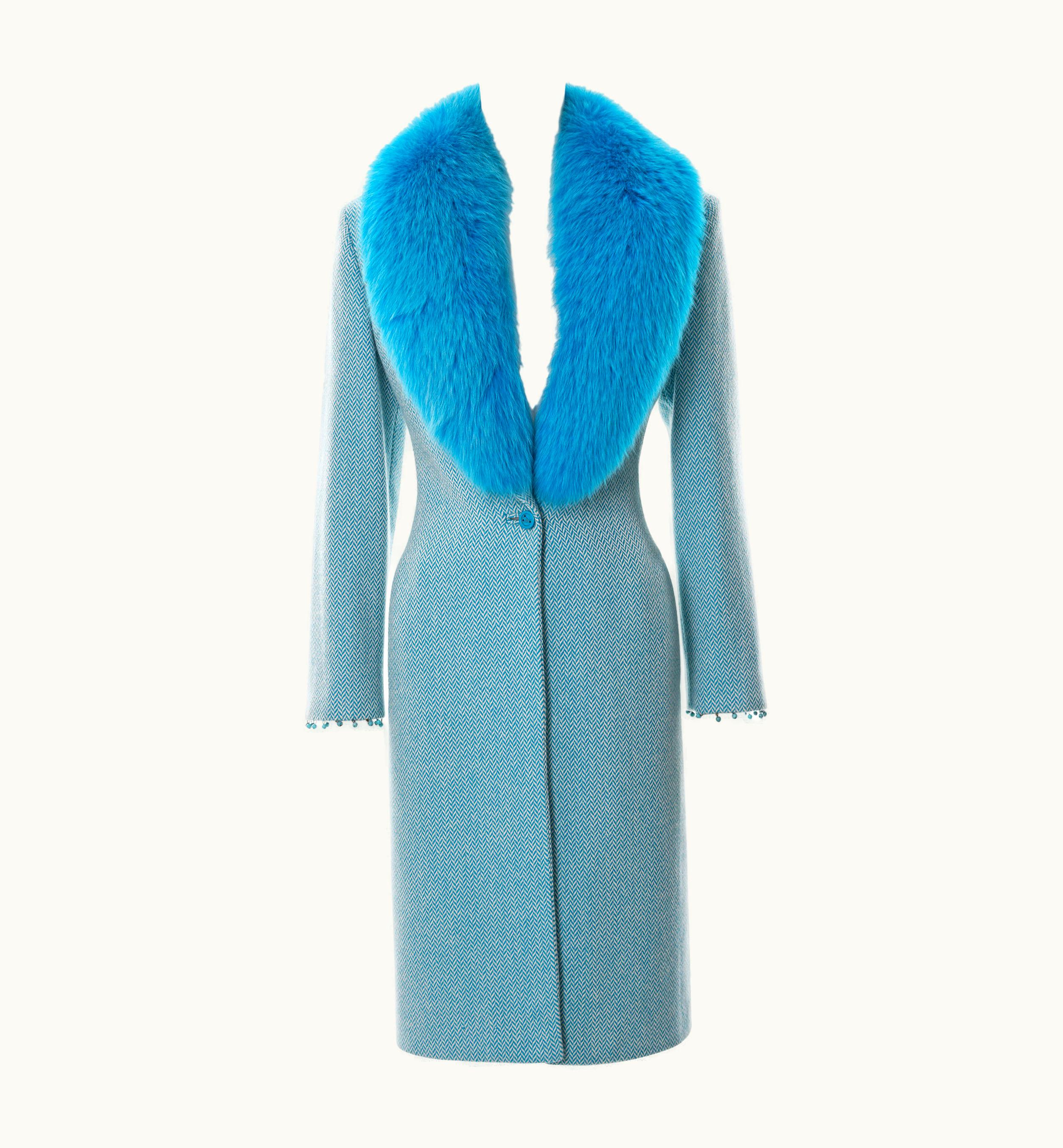 Gianni Versace Couture Gianni Versace Herringbone Tweed Coat With Blue Fox Fur Collar, AW 1999 UZ0578197