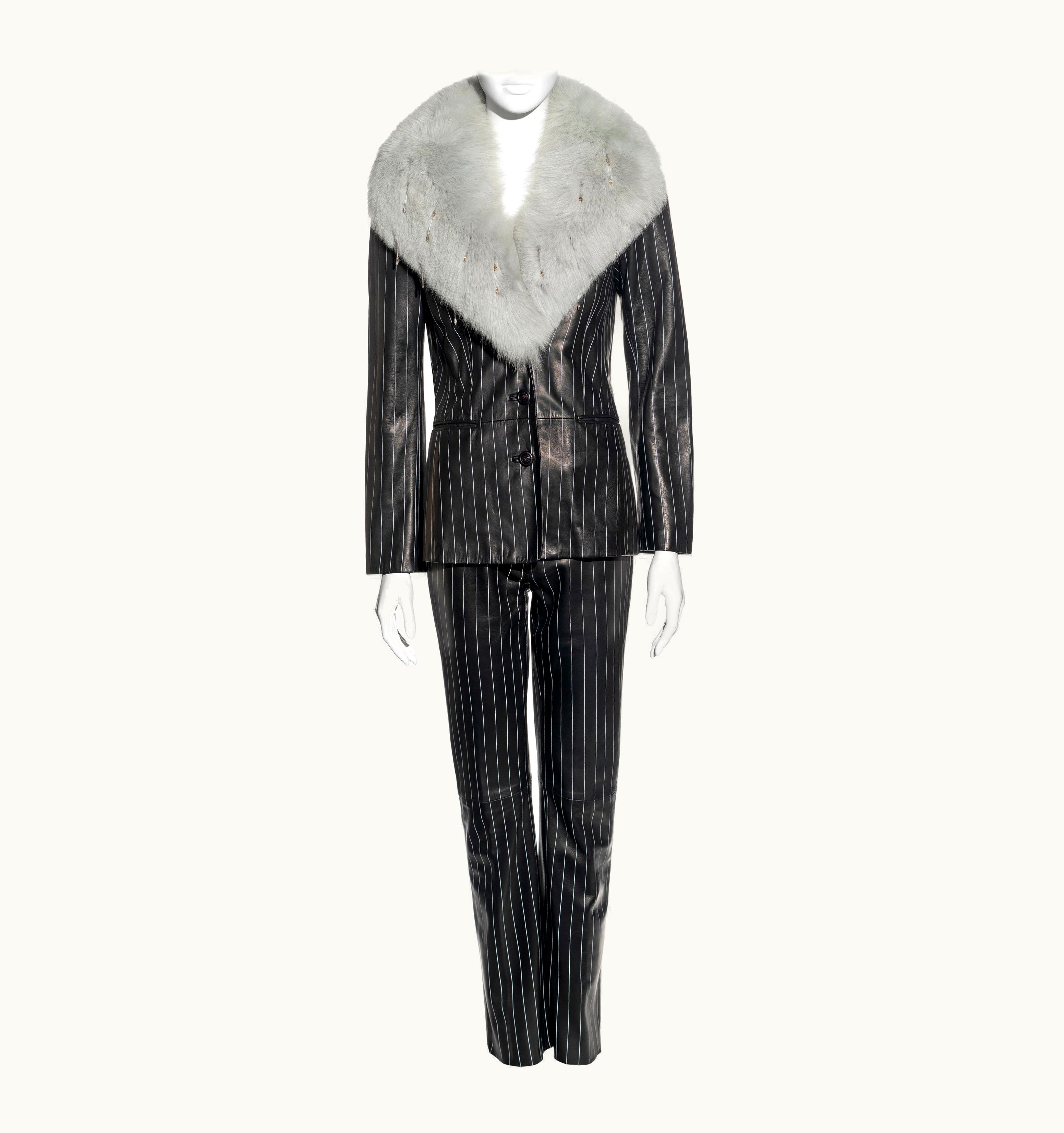 Gianni Versace Couture Gianni Versace Black Pinstripe Leather And Fox Fur Trouser Suit, AW 1998