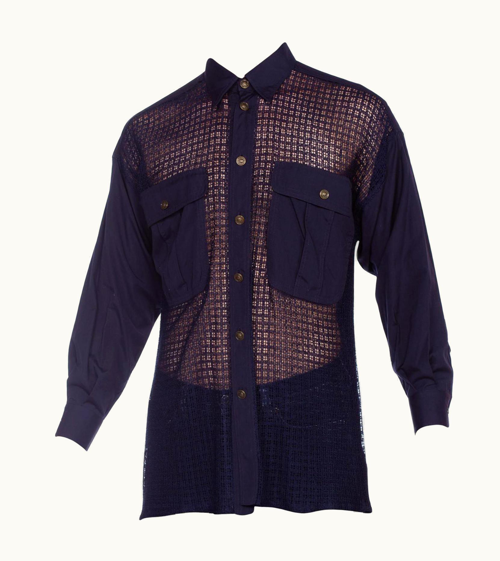 Gianni Versace Couture 1990s Gianni Versace Navy Cotton Blend & Sheer Net Men' Shirt